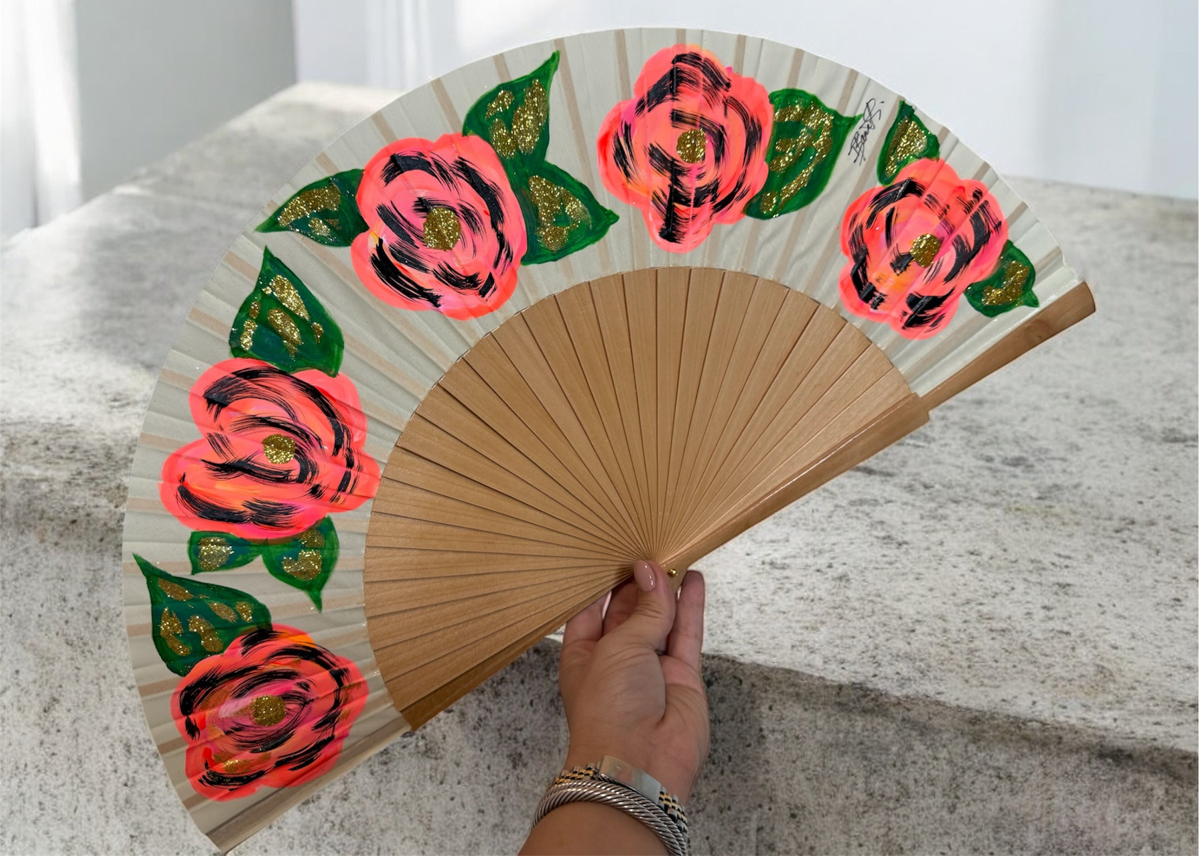 Neon Flower KOLORETE Hand Painted Hand Fan