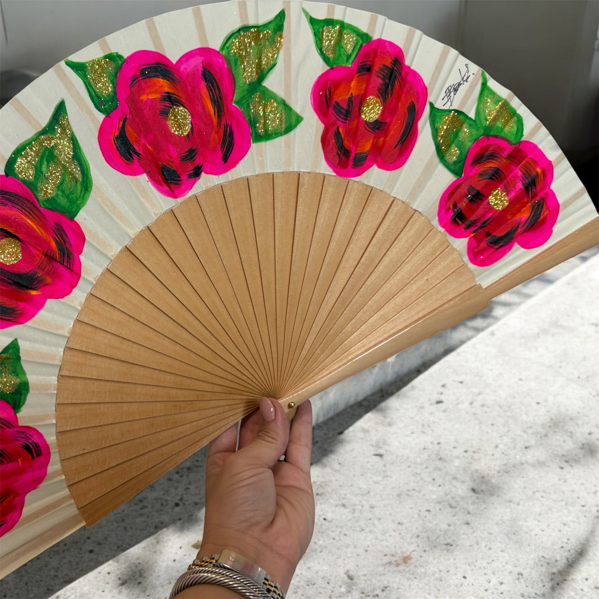 Natural Wood Fushia Flowers Hand Painted Kolorete Hand Fan