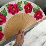 Load image into Gallery viewer, Natural Wood Fushia Flowers Hand Painted Kolorete Hand Fan
