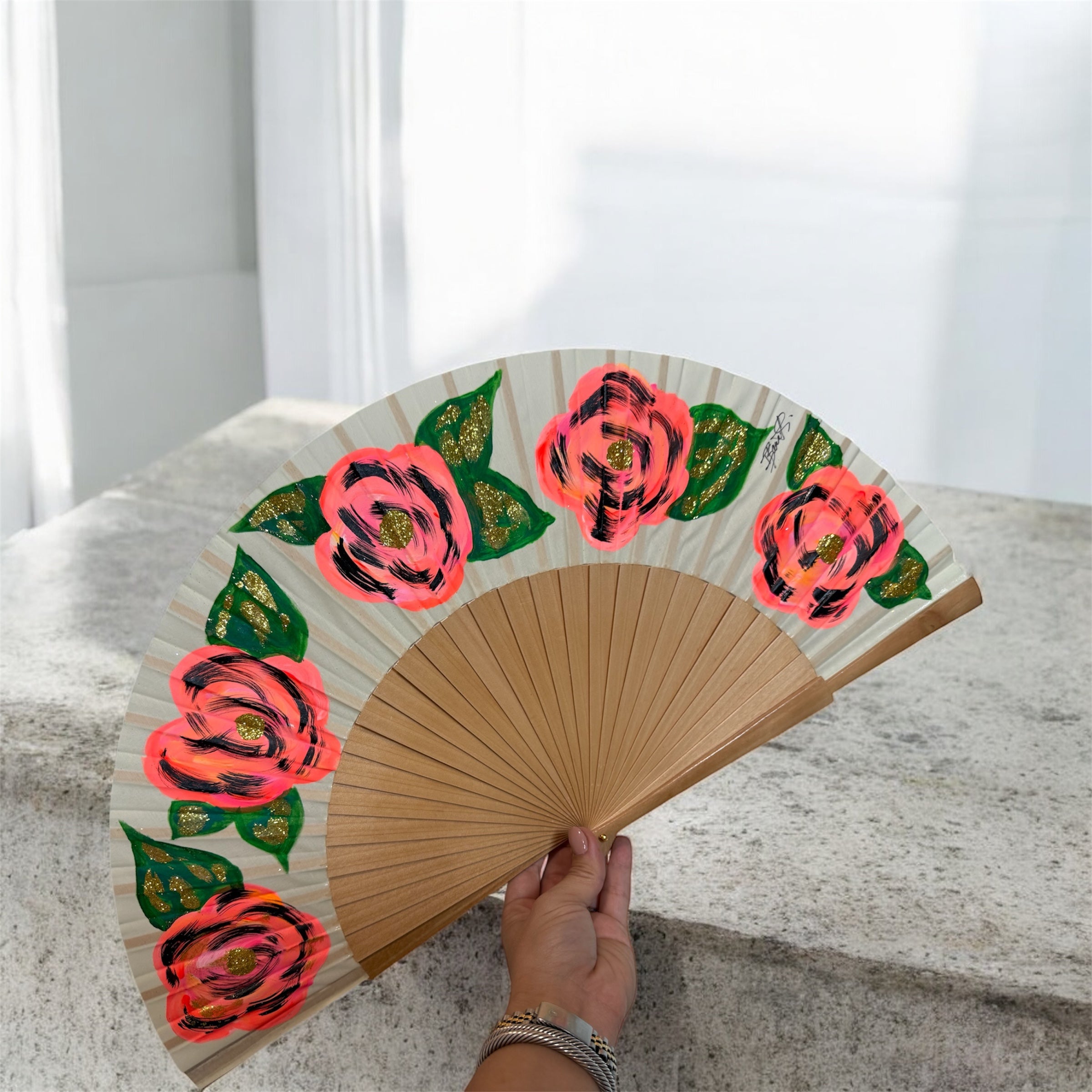 Neon Flower KOLORETE Hand Painted Hand Fan