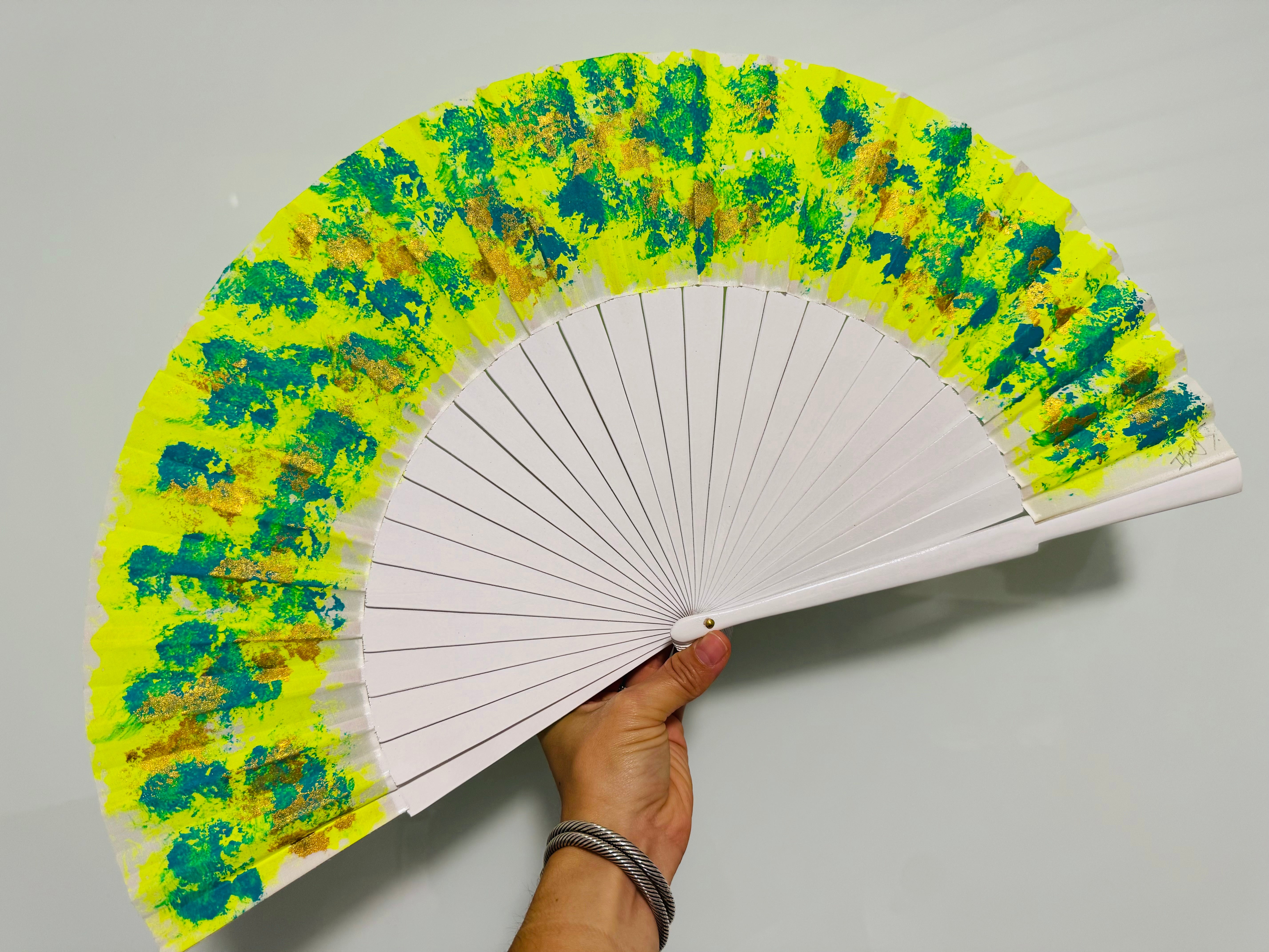 White Wood Hand Painted Kolorete Medium Hand Fan