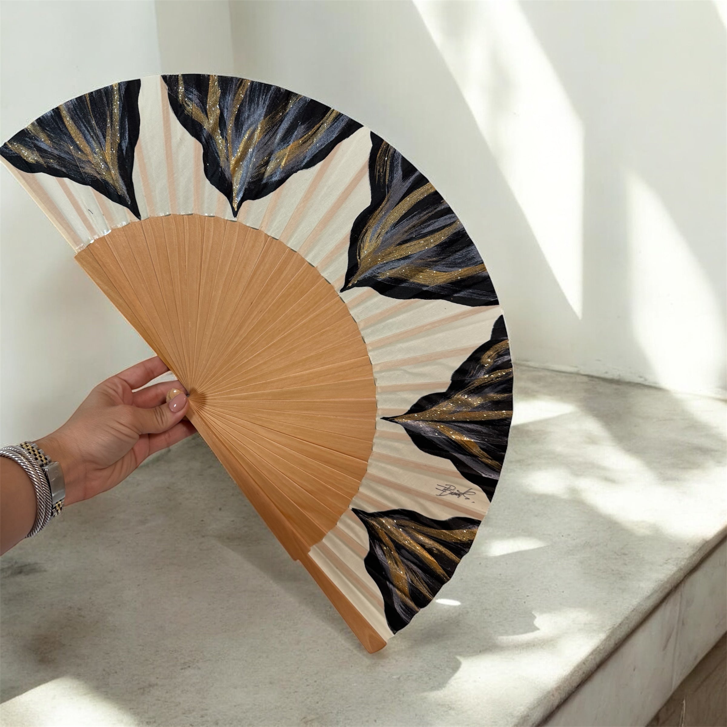 Black and Gold Feston Hand Painted Kolorete Hand Fan