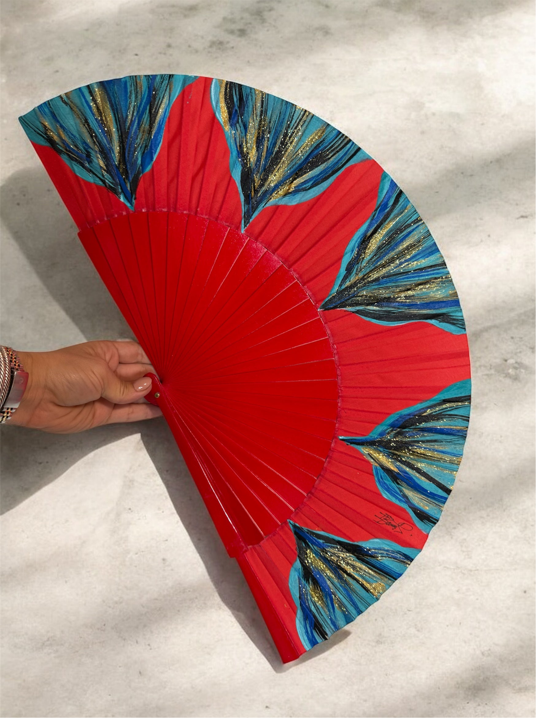 Red Blue Feston Hand Painted Kolorete Hand Fan
