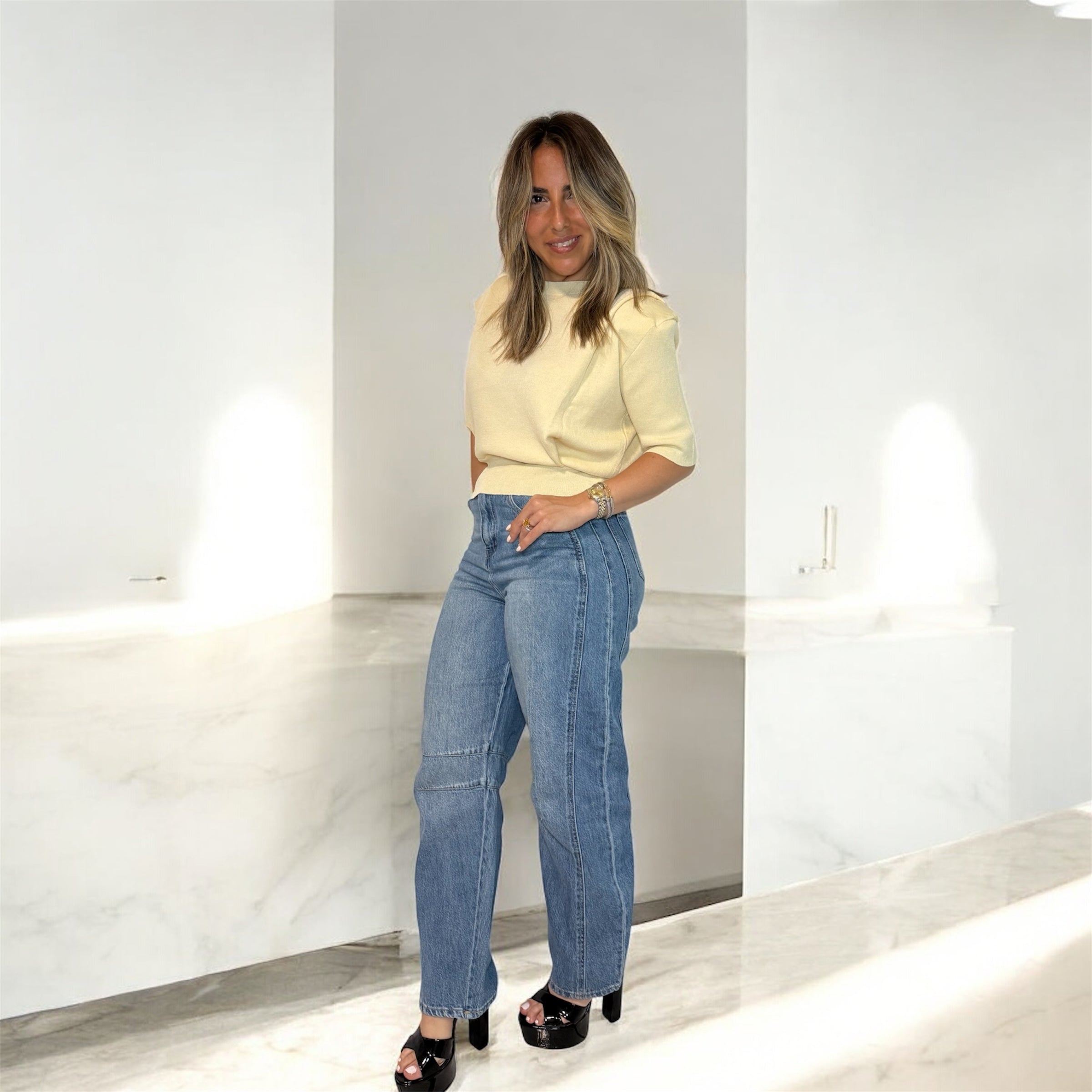 Butter Yellow Knit Top With Shoulder Pad