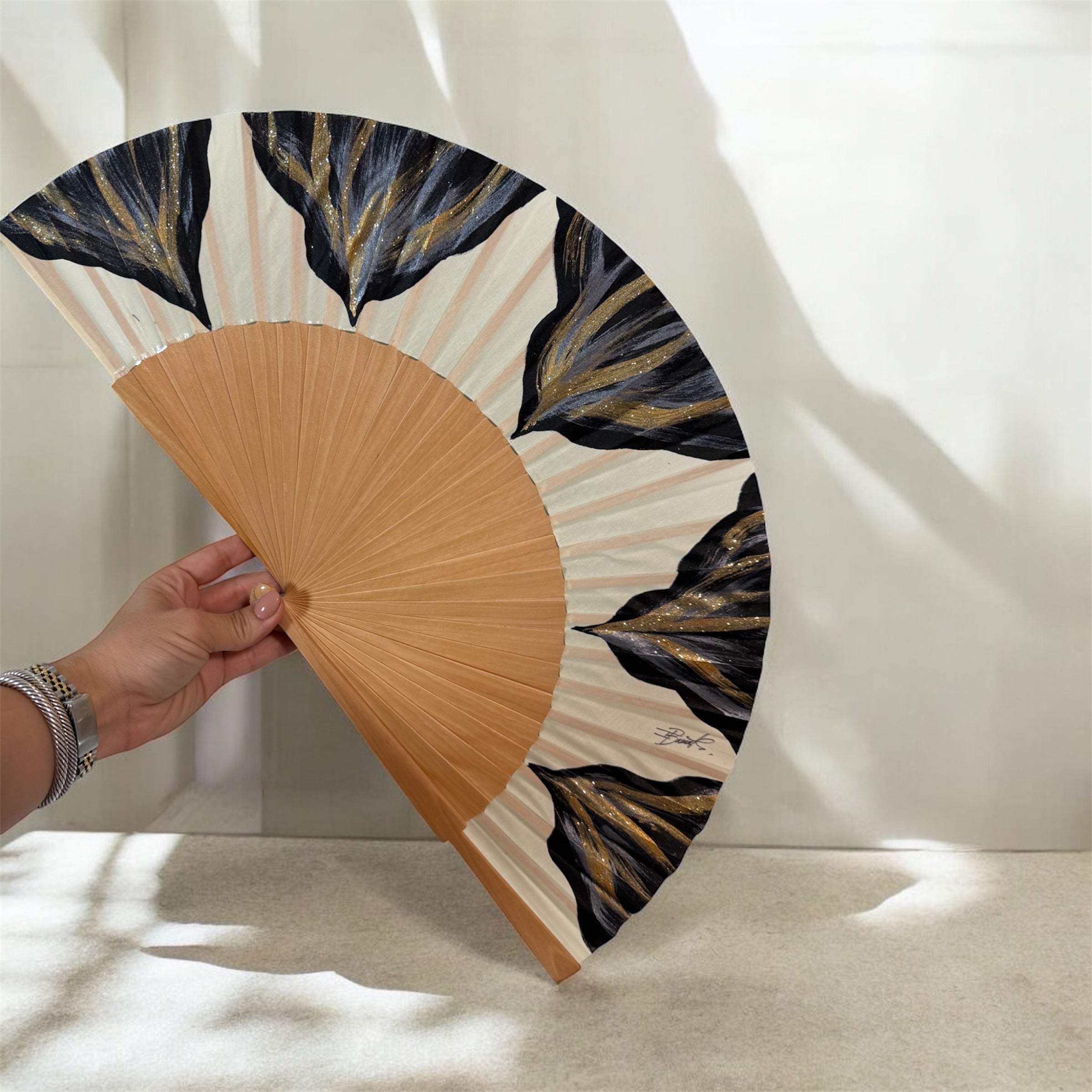 Black and Gold Feston Hand Painted Kolorete Hand Fan