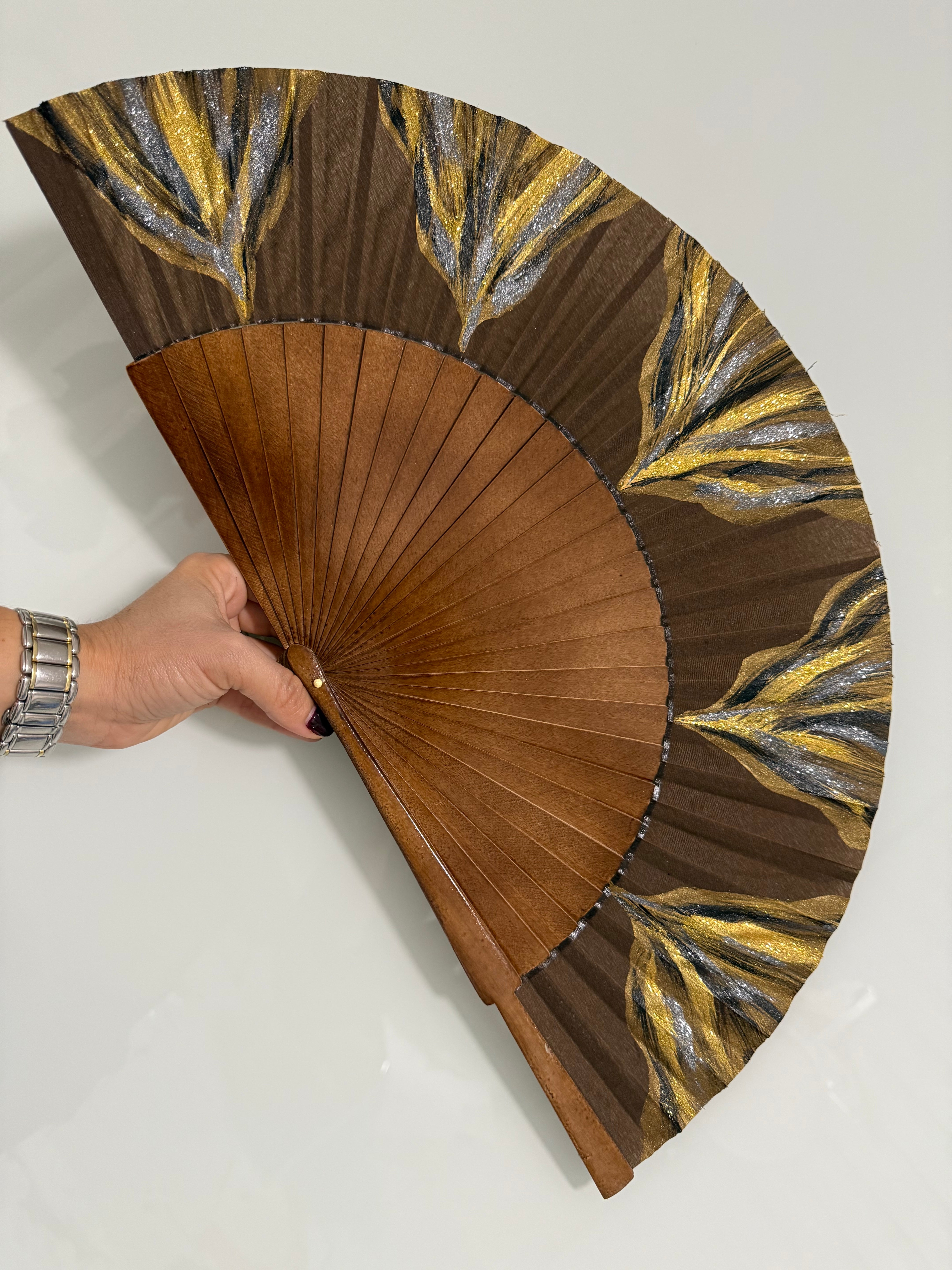 Brown KOLORETE Hand Painted Hand Fan