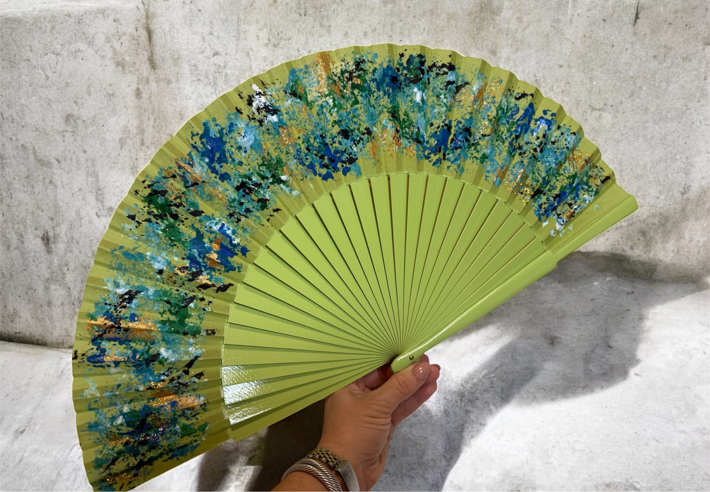 Green Multicolor KOLORETE Hand Painted Hand Fan
