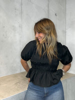 Load image into Gallery viewer, Bubble Ruffle Black Top
