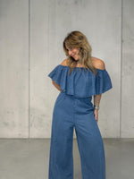 Load image into Gallery viewer, Off Shoulder Denim Jumpsuit
