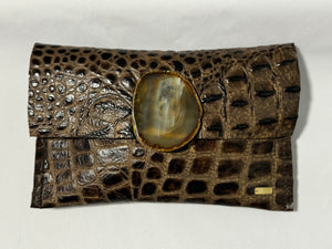 Brown Neutral KOLORETE One of a Kind Leather Clutch Bag With Chain