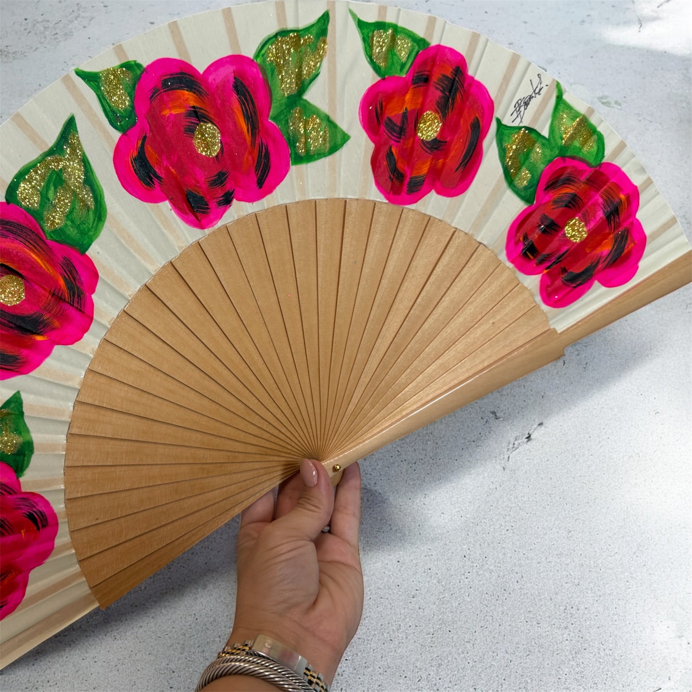 Natural Wood Fushia Flowers Hand Painted Kolorete Hand Fan
