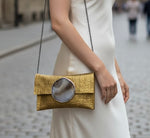 Load image into Gallery viewer, One of a Kind Gold KOLORETE Hand Painted Genuine Leather Clutch Bag ” H x ” W
