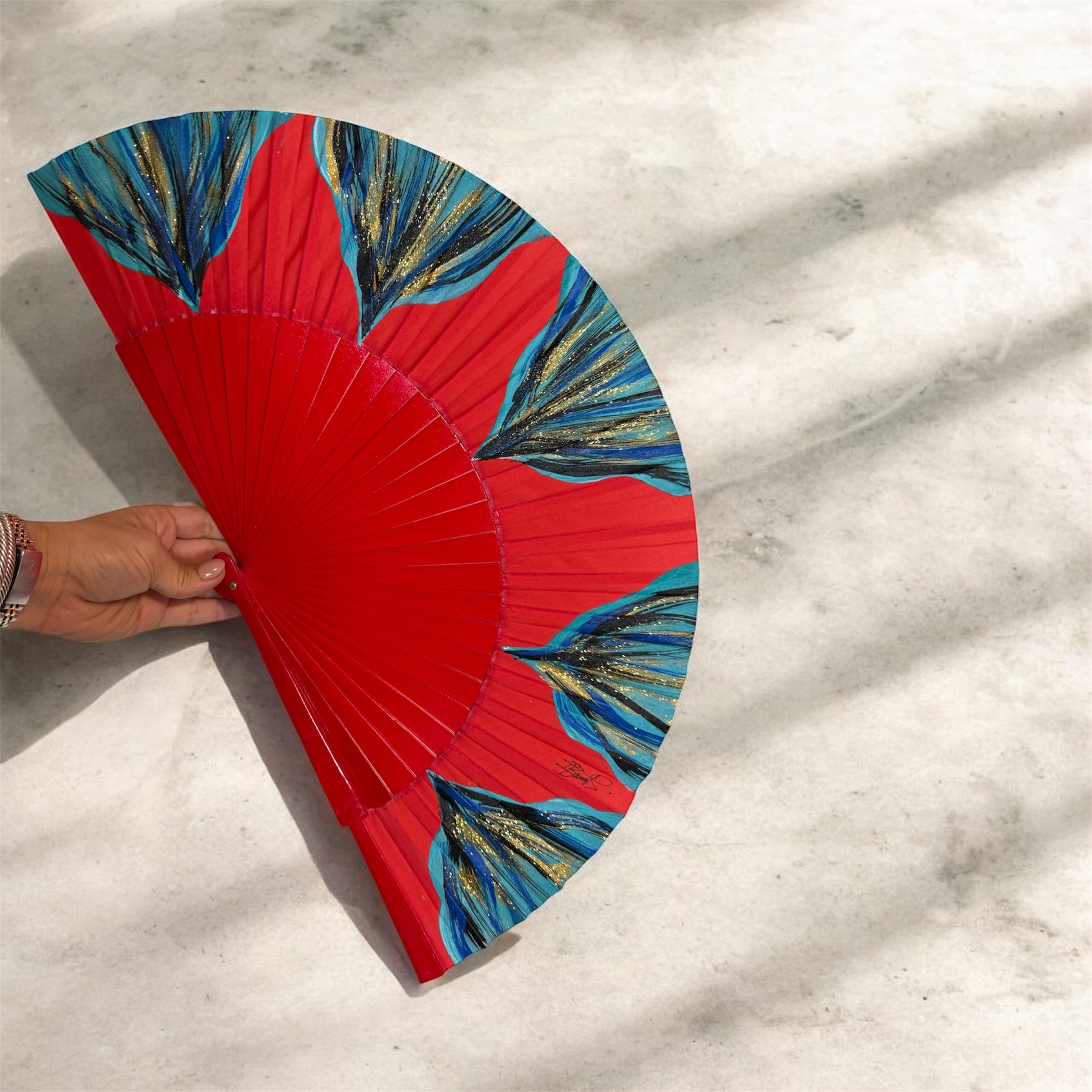 Red Blue Feston Hand Painted Kolorete Hand Fan