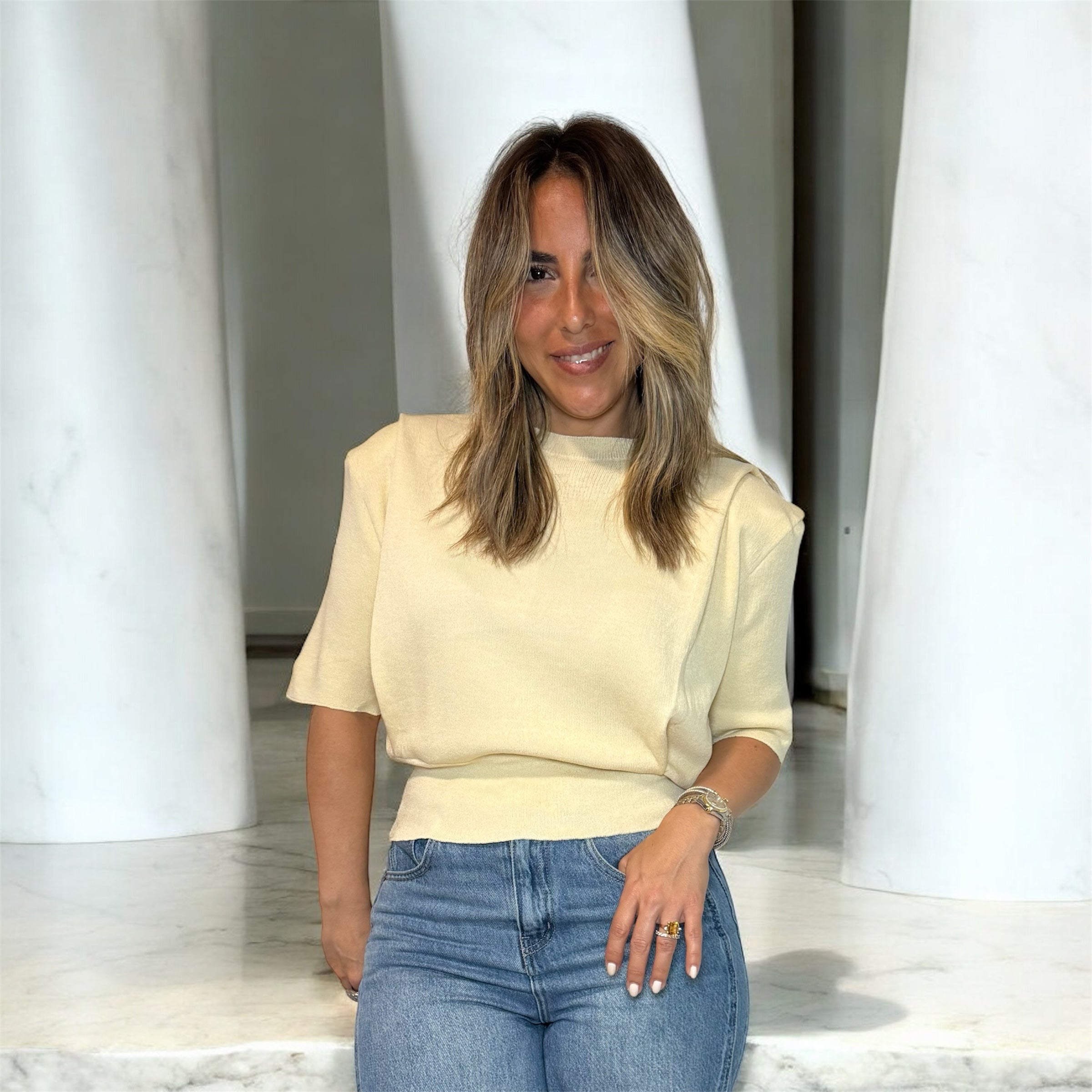 Butter Yellow Knit Top With Shoulder Pad