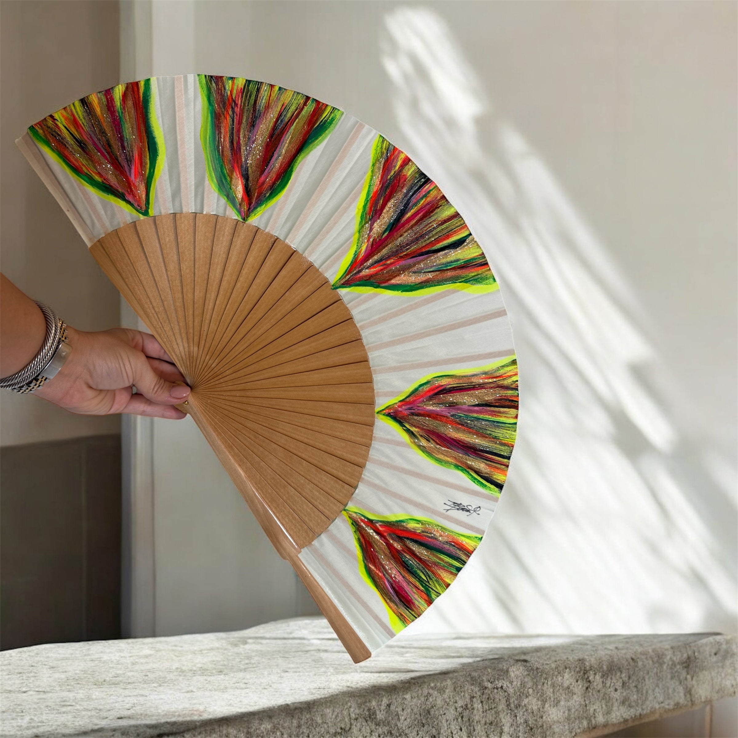 Neon Natural Feston KOLORETE Hand Painted Hand Fan