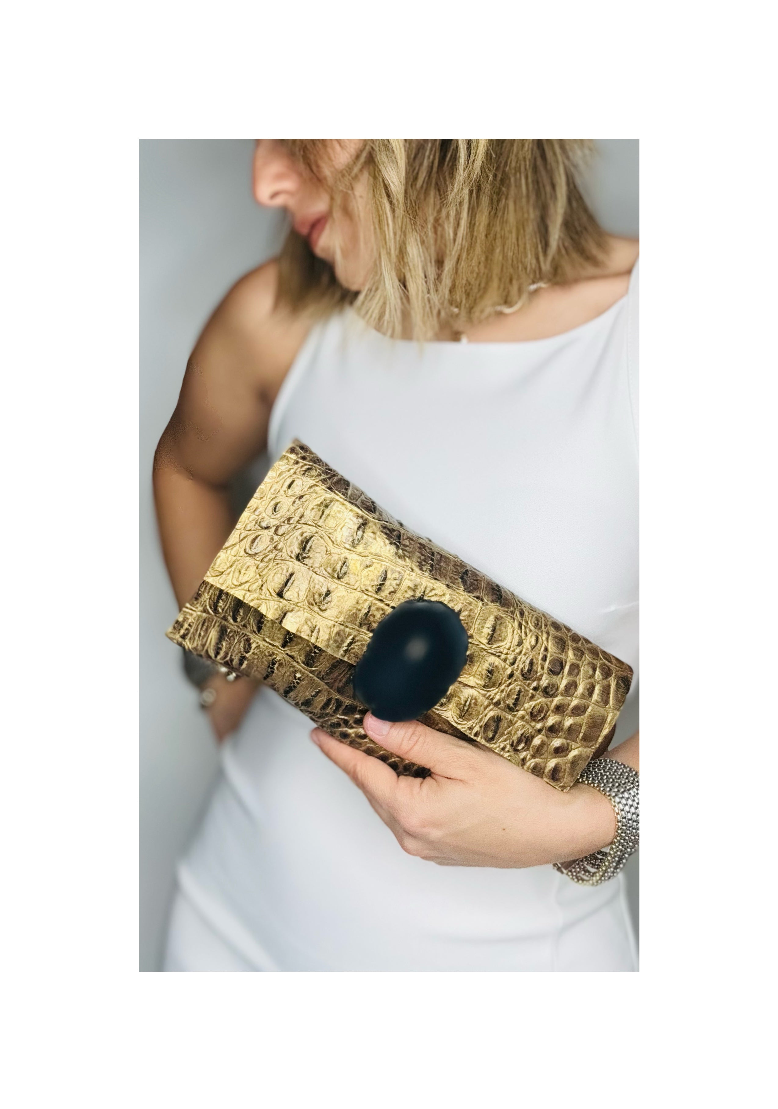 One of a Kind Gold Metallic Leather Clutch Bag