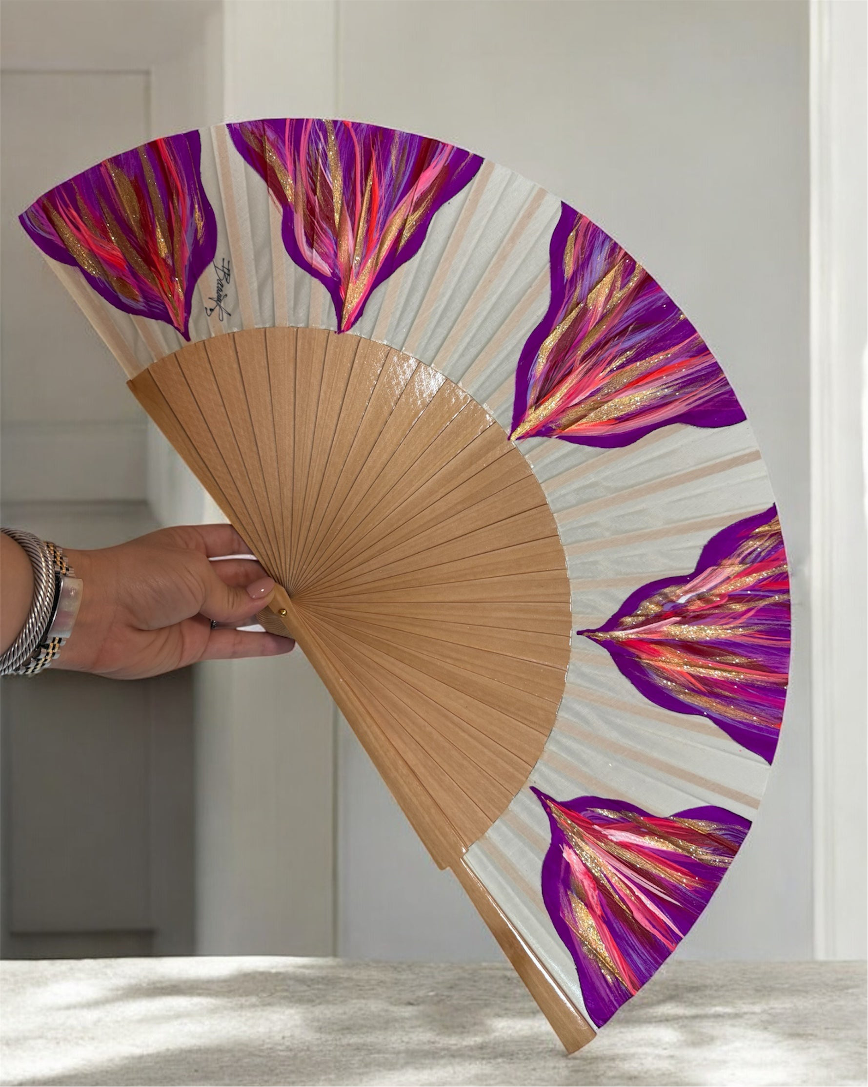 Purple Fushia Feston KOLORETE Hand Painted Hand Fan