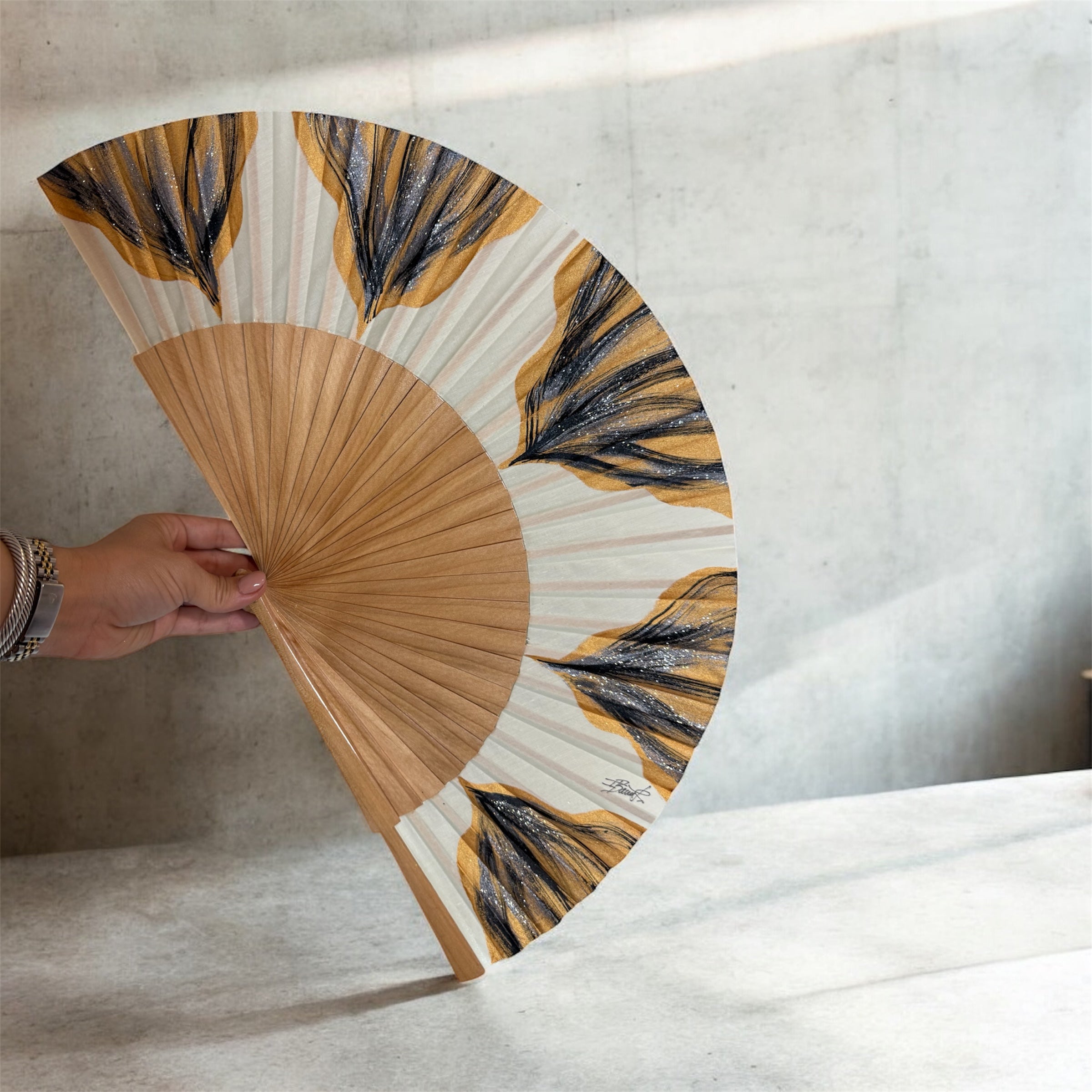 Gold Natural Feston Hand Painted Kolorete Hand Fan