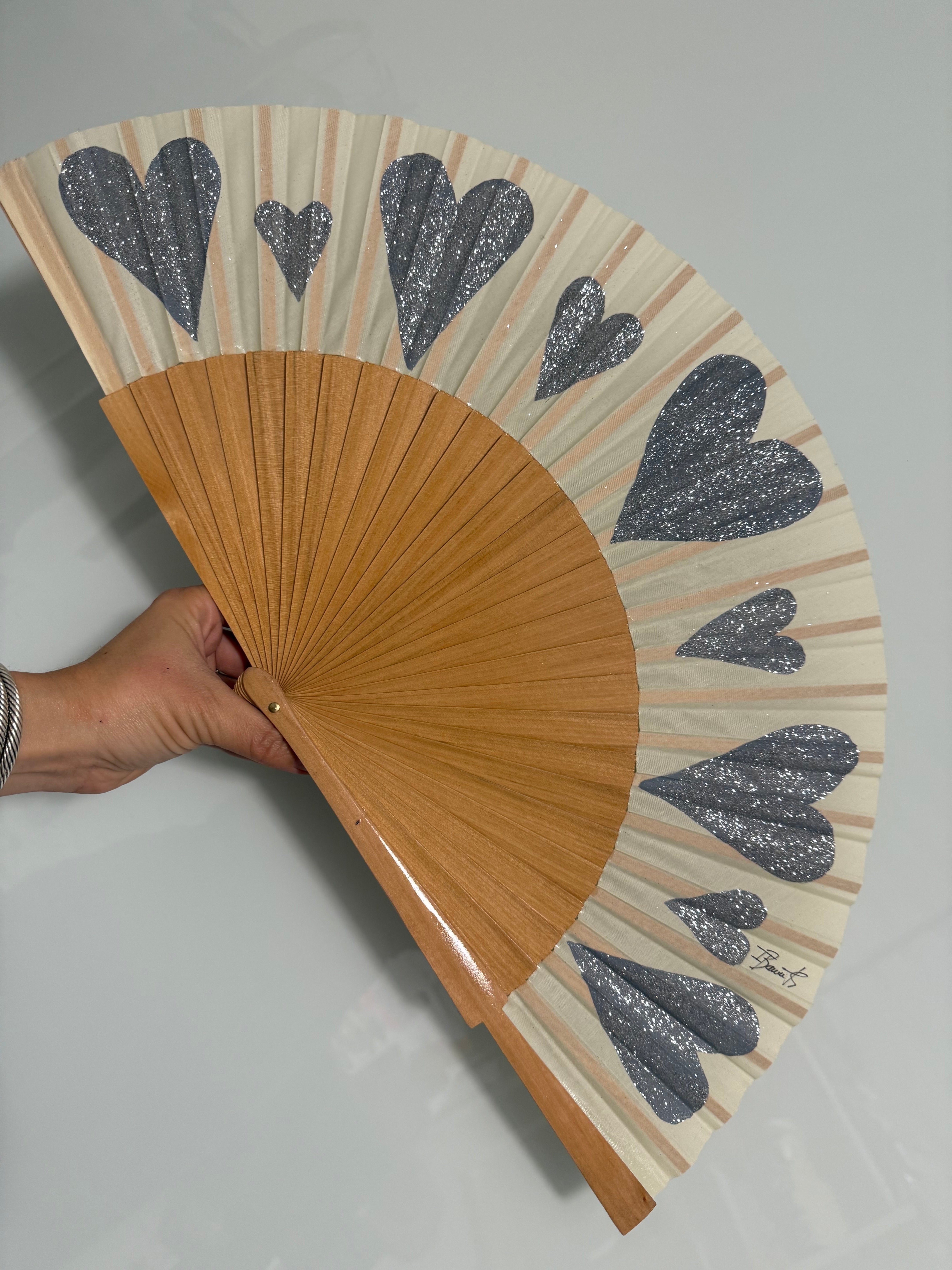 Silver Hearts Hand Painted KoloreteHand Fan