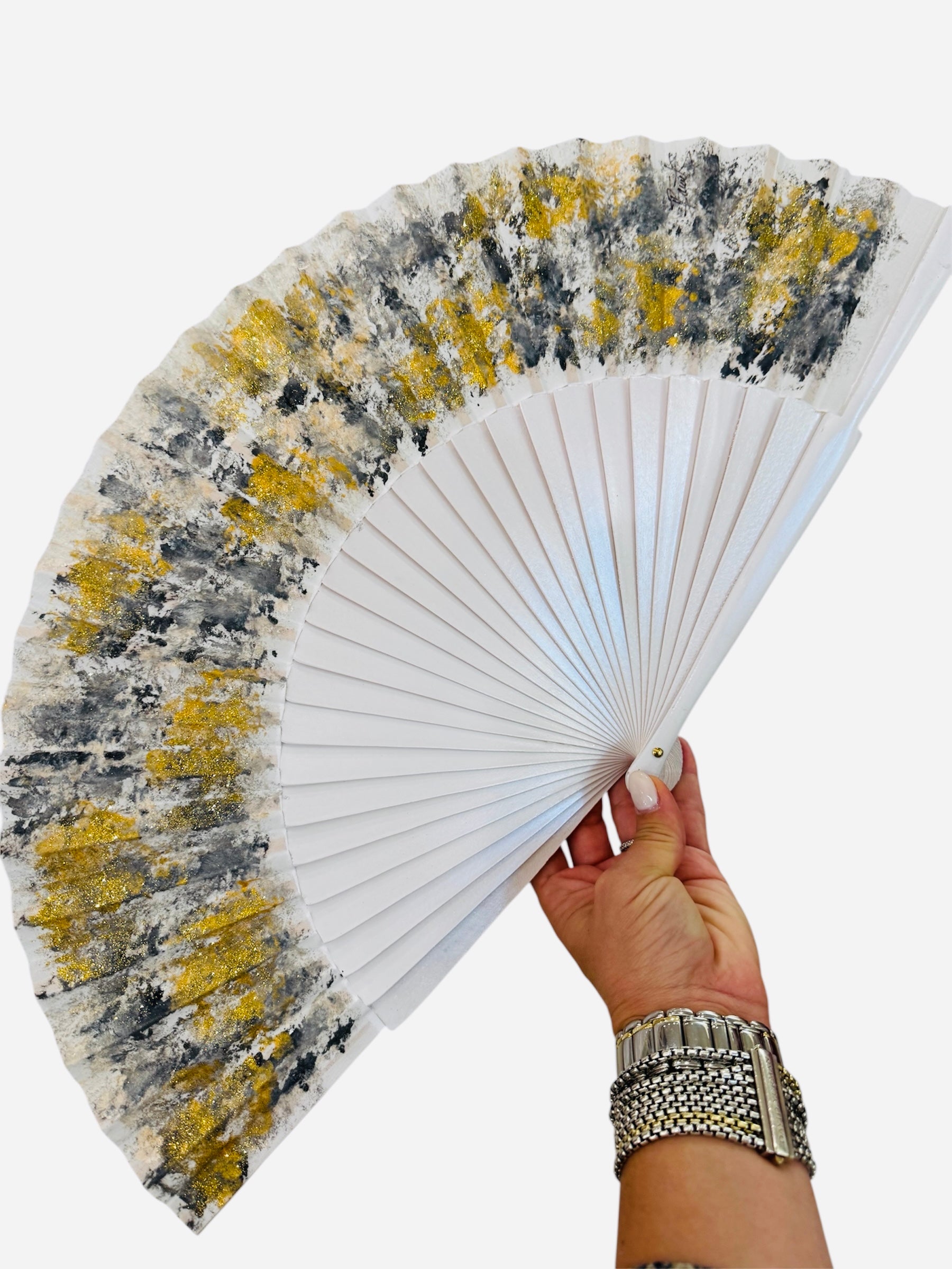White Hand Painted Kolorete Medium Hand Fan