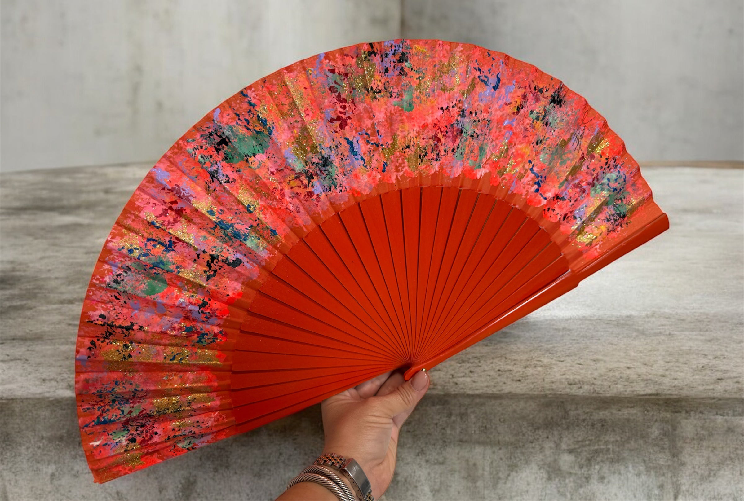 Orange Multicolor KOLORETE Hand Fan Hand Painted