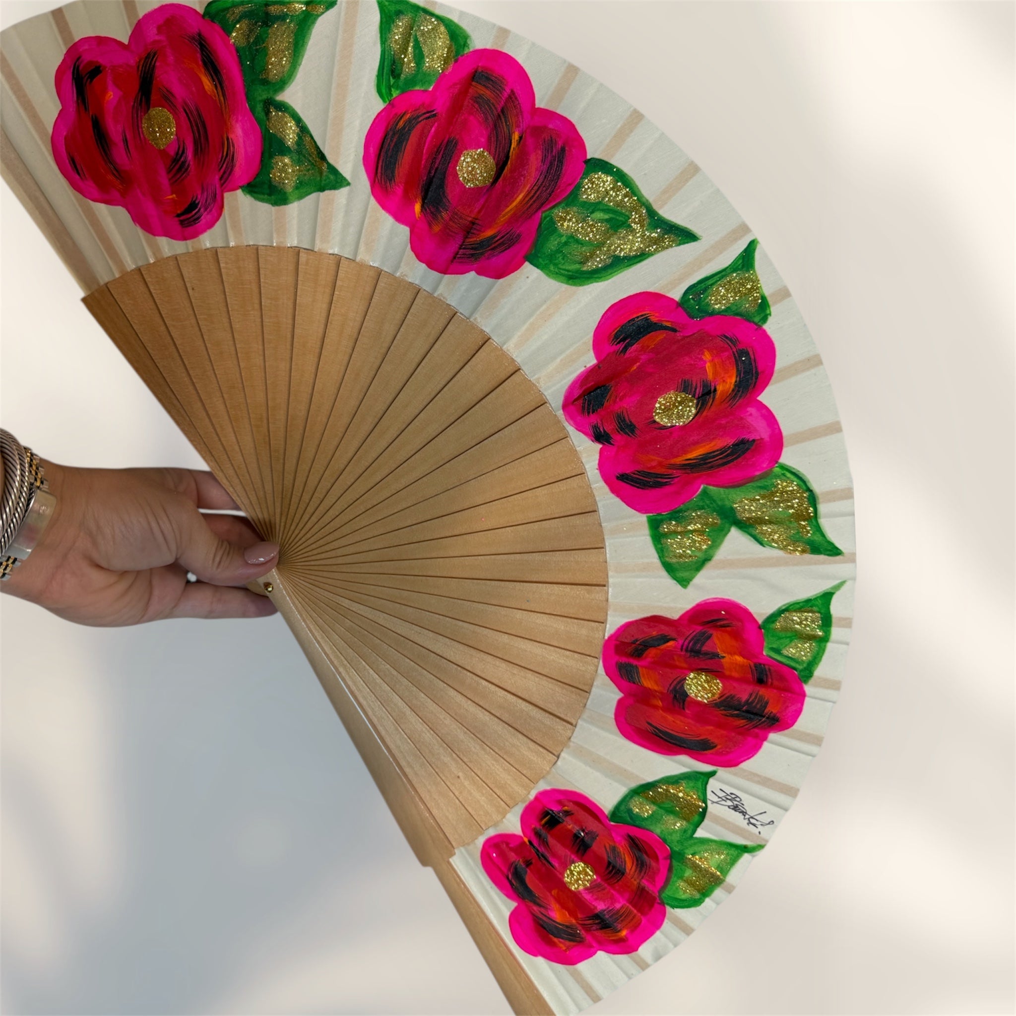 Natural Wood Fushia Flowers Hand Painted Kolorete Hand Fan