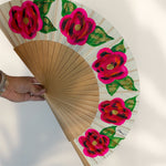 Load image into Gallery viewer, Natural Wood Fushia Flowers Hand Painted Kolorete Hand Fan
