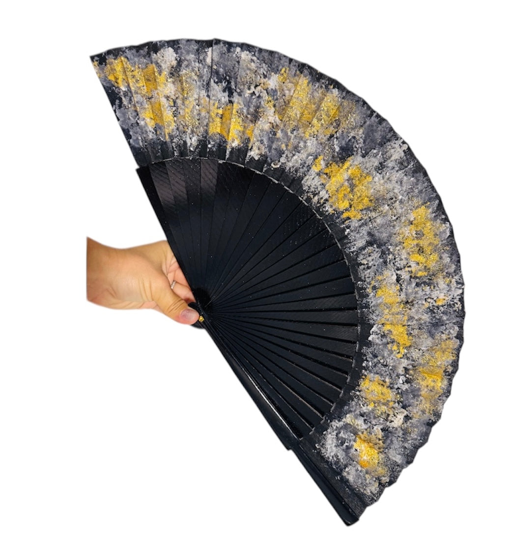 Black and Gold Hand Painted Kolorete Medium Hand Fan