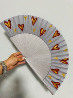 Load image into Gallery viewer, Silver and Red Hearts Hand Painted Kolorete Medium Hand Fan
