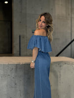 Load image into Gallery viewer, Off Shoulder Denim Jumpsuit
