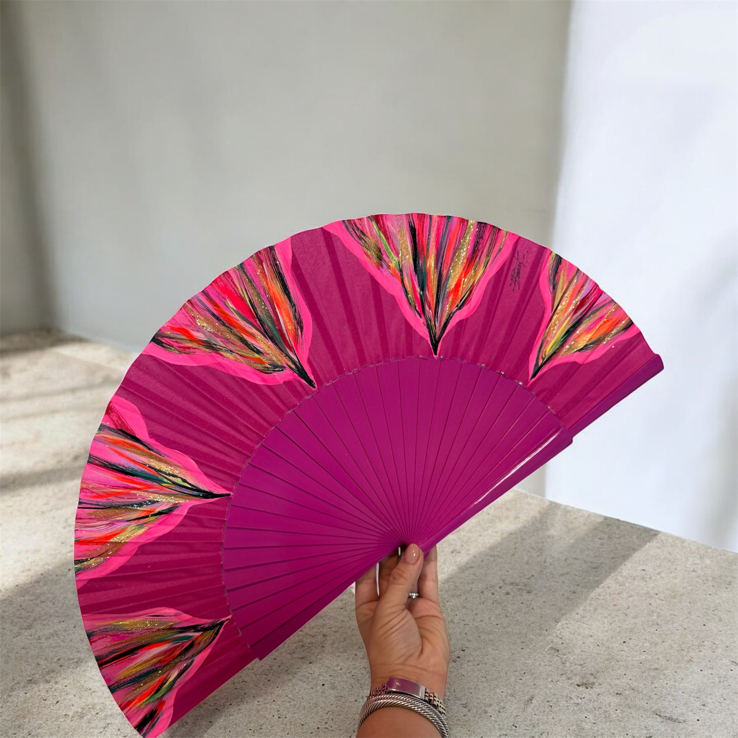 Fushia Feston Hand Painted Kolorete Hand Fan