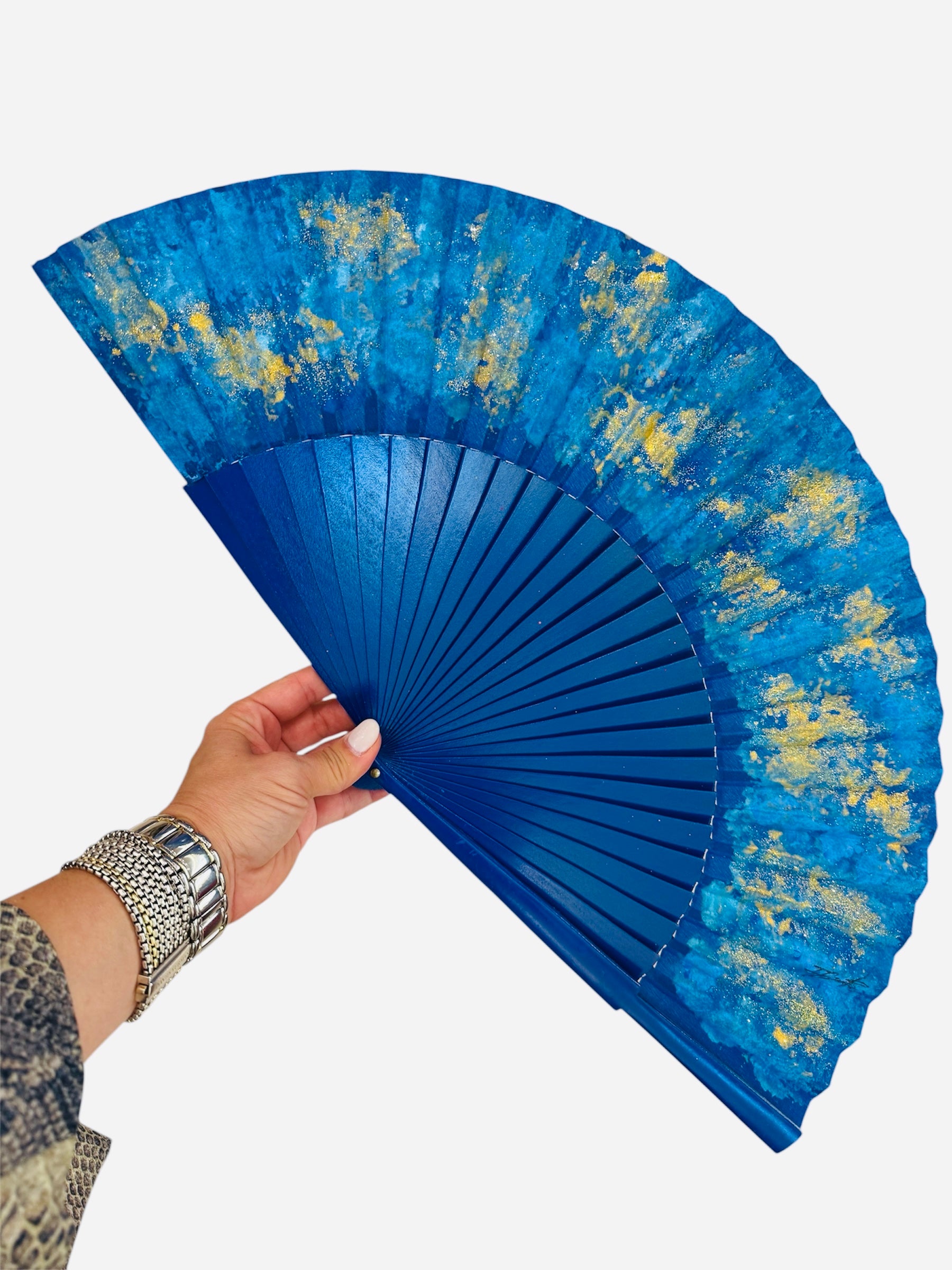 Royal Blue Kolorete Hand Painted Hand Fan