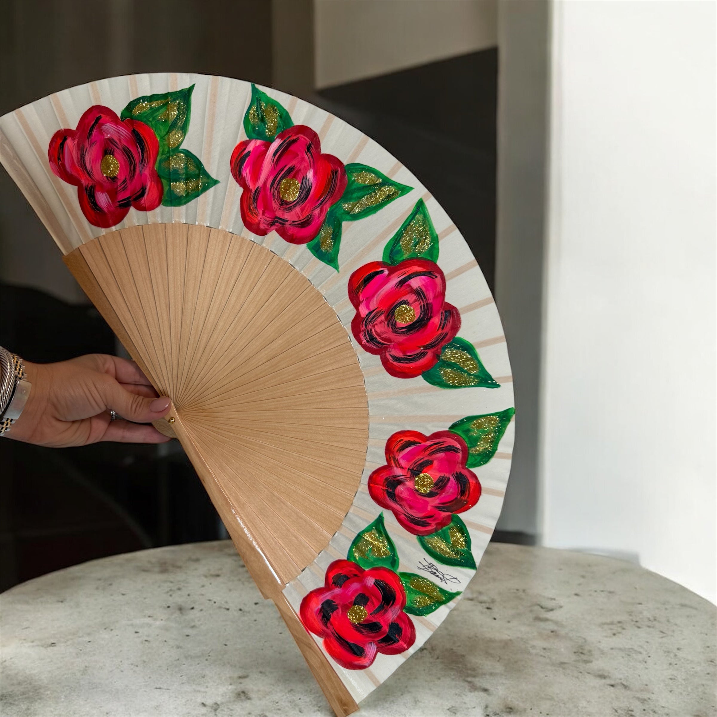 Red Flowers KOLORETE Hand Painted Hand Fan