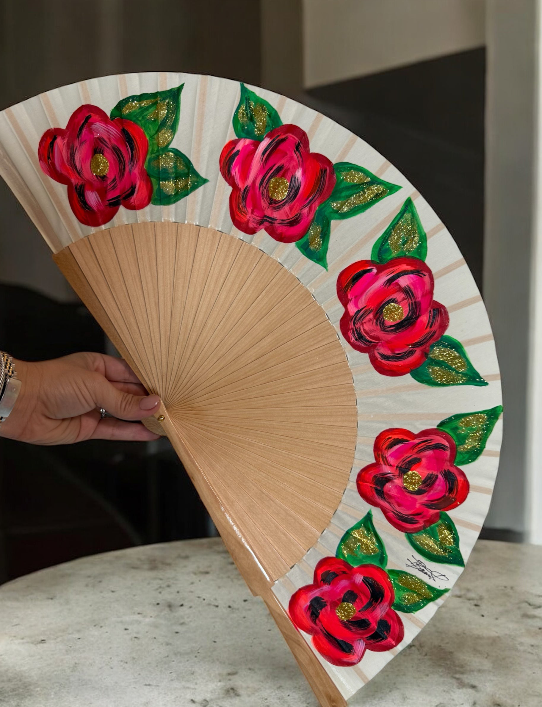 Red Flowers KOLORETE Hand Painted Hand Fan