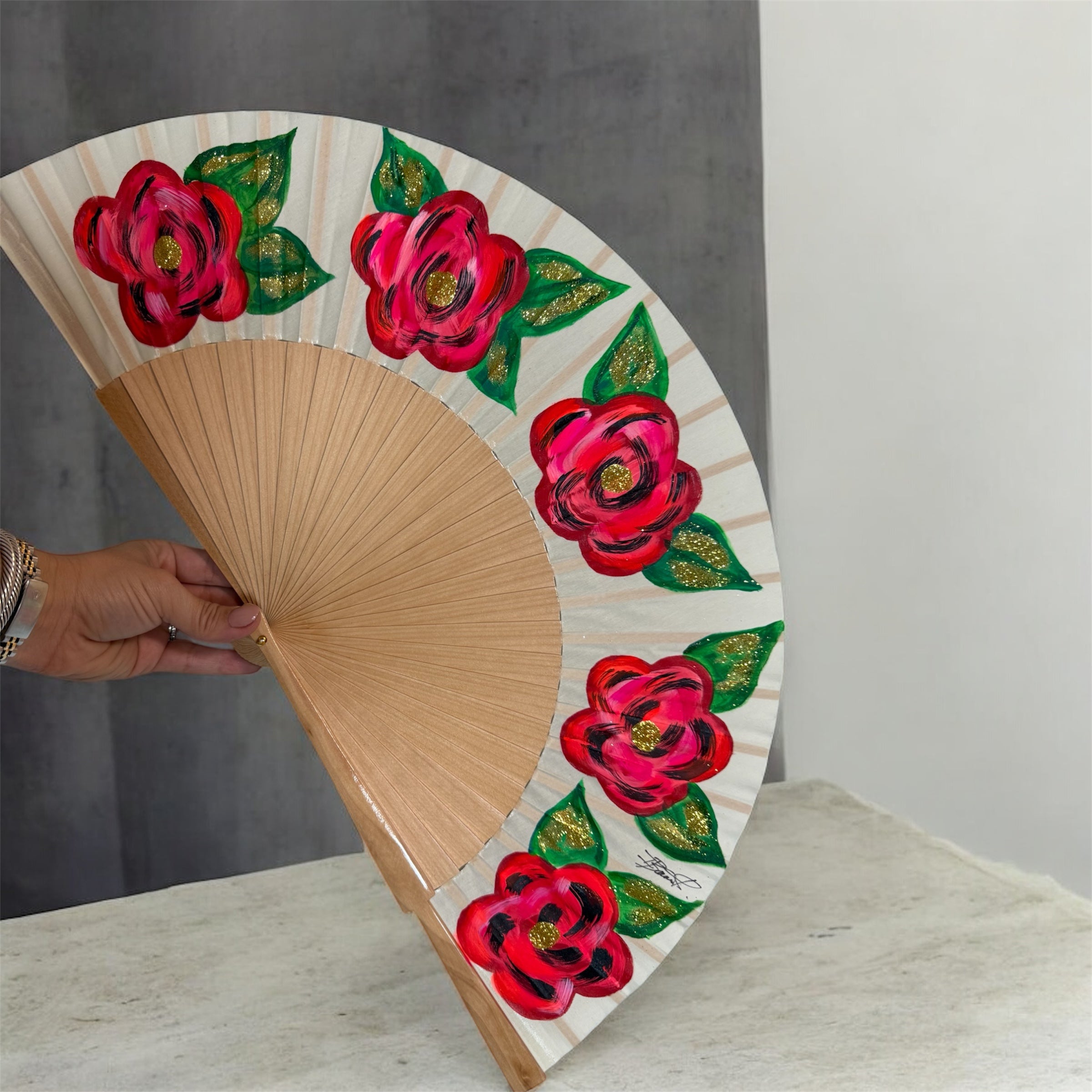 Red Flowers KOLORETE Hand Painted Hand Fan