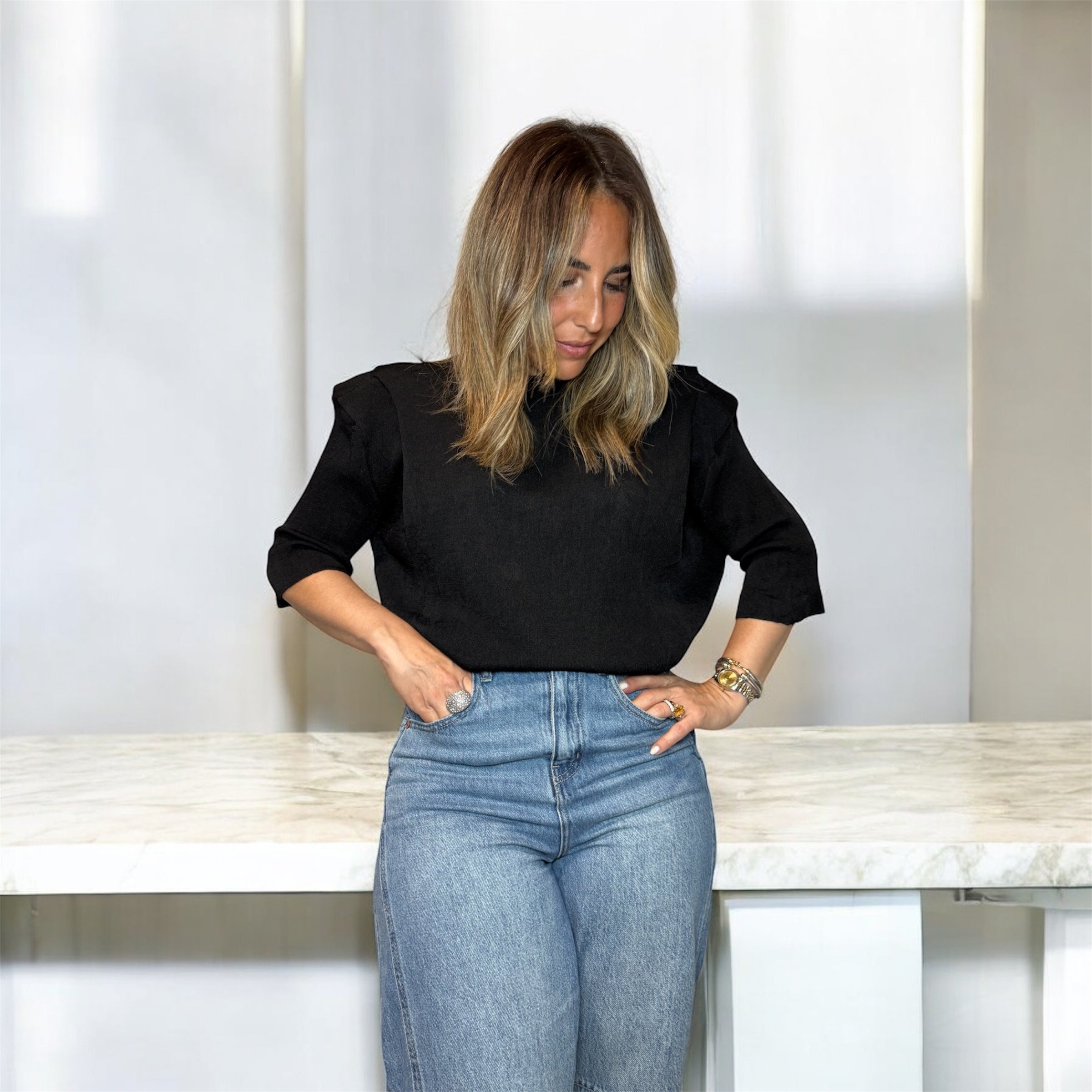 Black Knit Top With Shoulder Pads