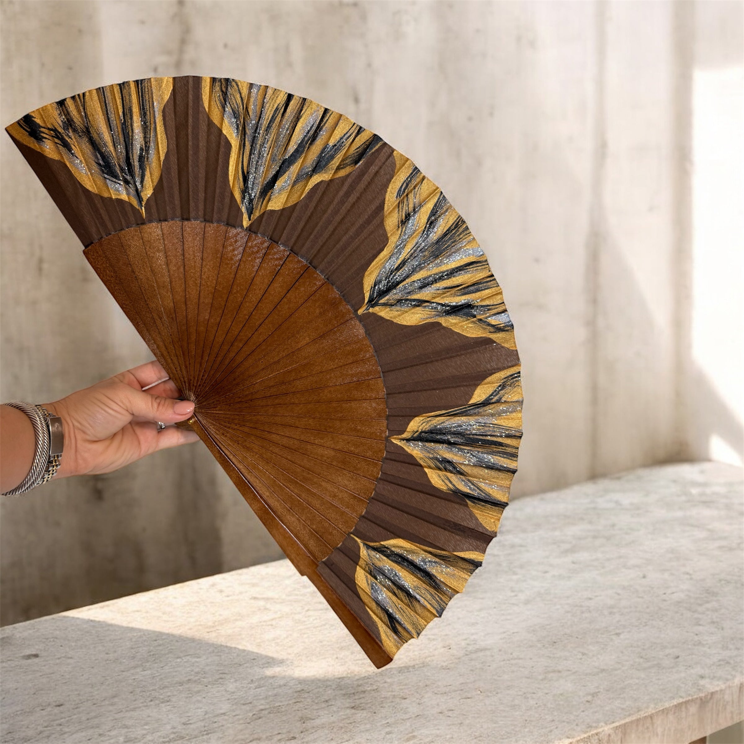 Brown KOLORETE Hand Painted Hand Fan