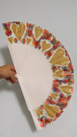 Load image into Gallery viewer, Gold Hearts Hand Painted Kolorete Hand Fan

