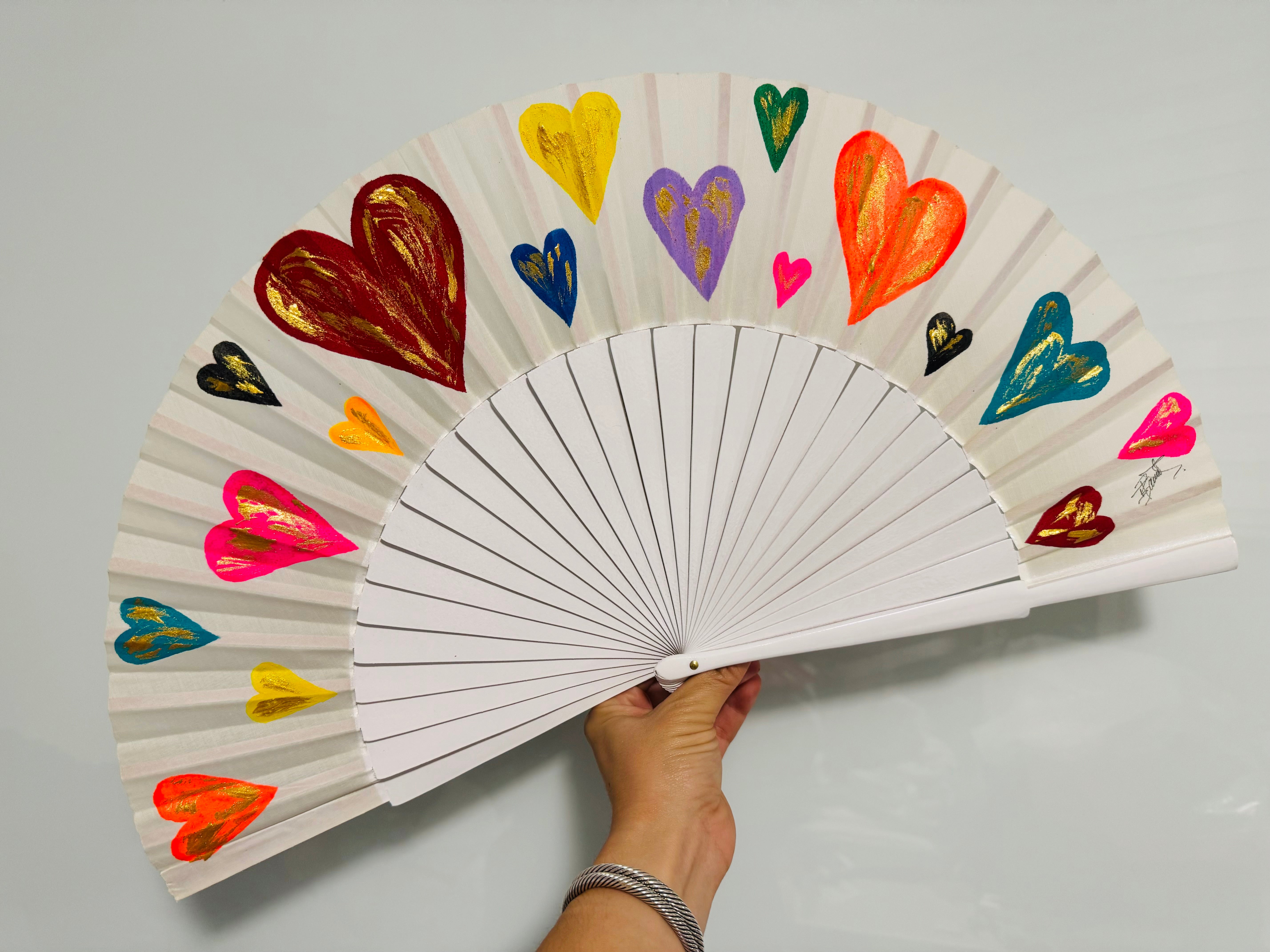 White Hearts Hand Painted Medium Kolorete Hand Fan