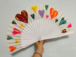 Load image into Gallery viewer, White Hearts Hand Painted Medium Kolorete Hand Fan
