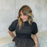 Load image into Gallery viewer, Bubble Ruffle Black Top
