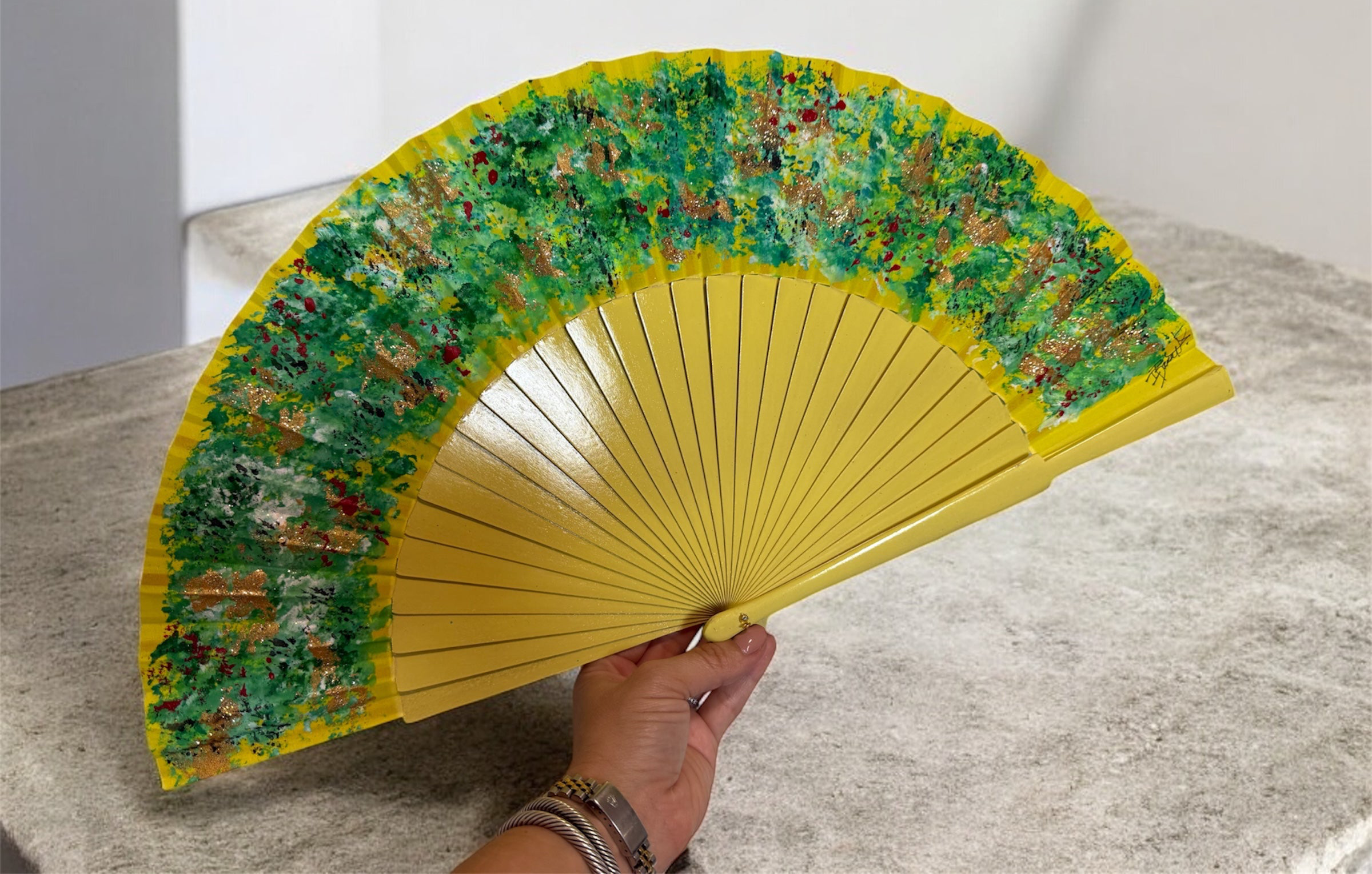 Yellow Multicolor Hand Painted Kolorete Hand Fan
