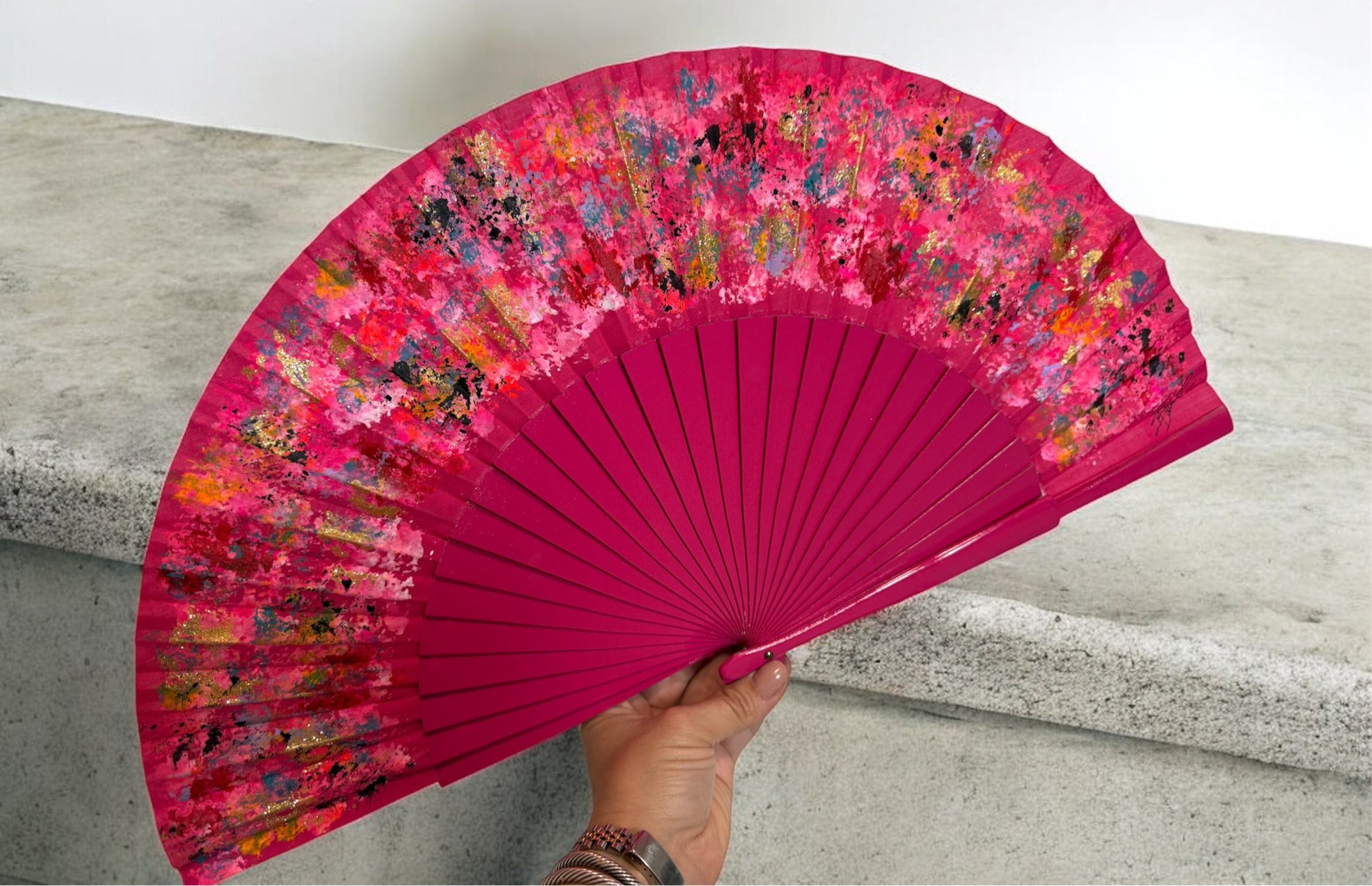 Pink Multicolor Painted KOLORETE Hand Fan
