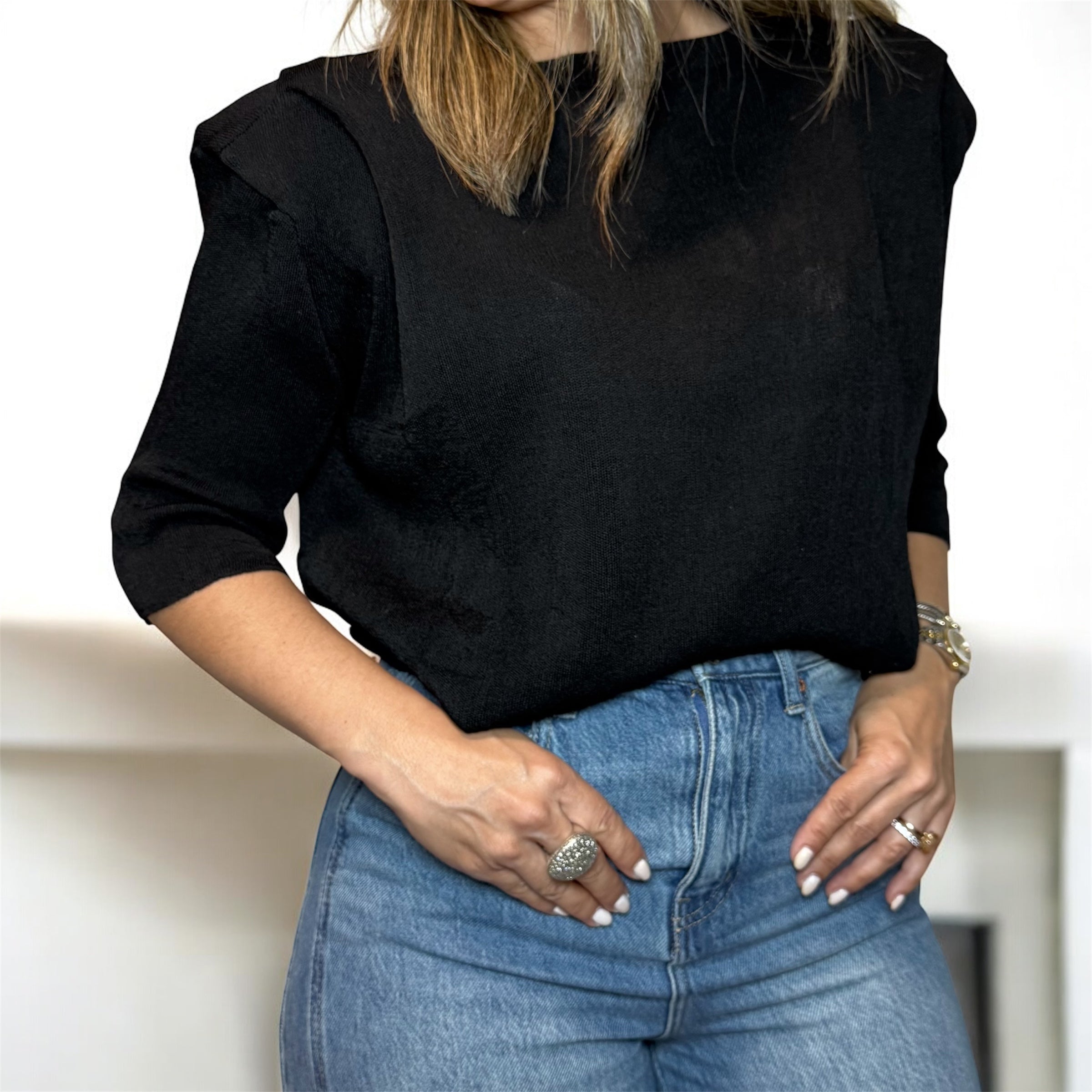 Black Knit Top With Shoulder Pads