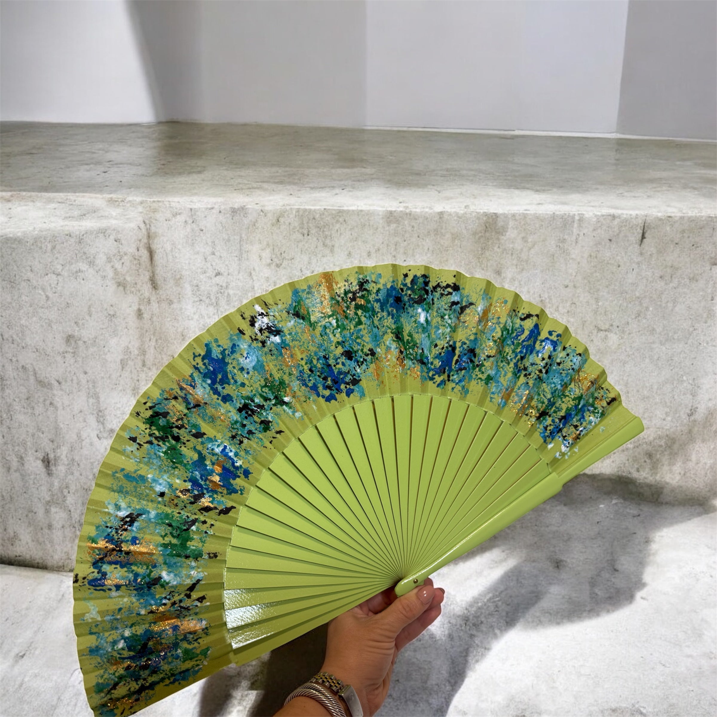 Green Multicolor KOLORETE Hand Painted Hand Fan