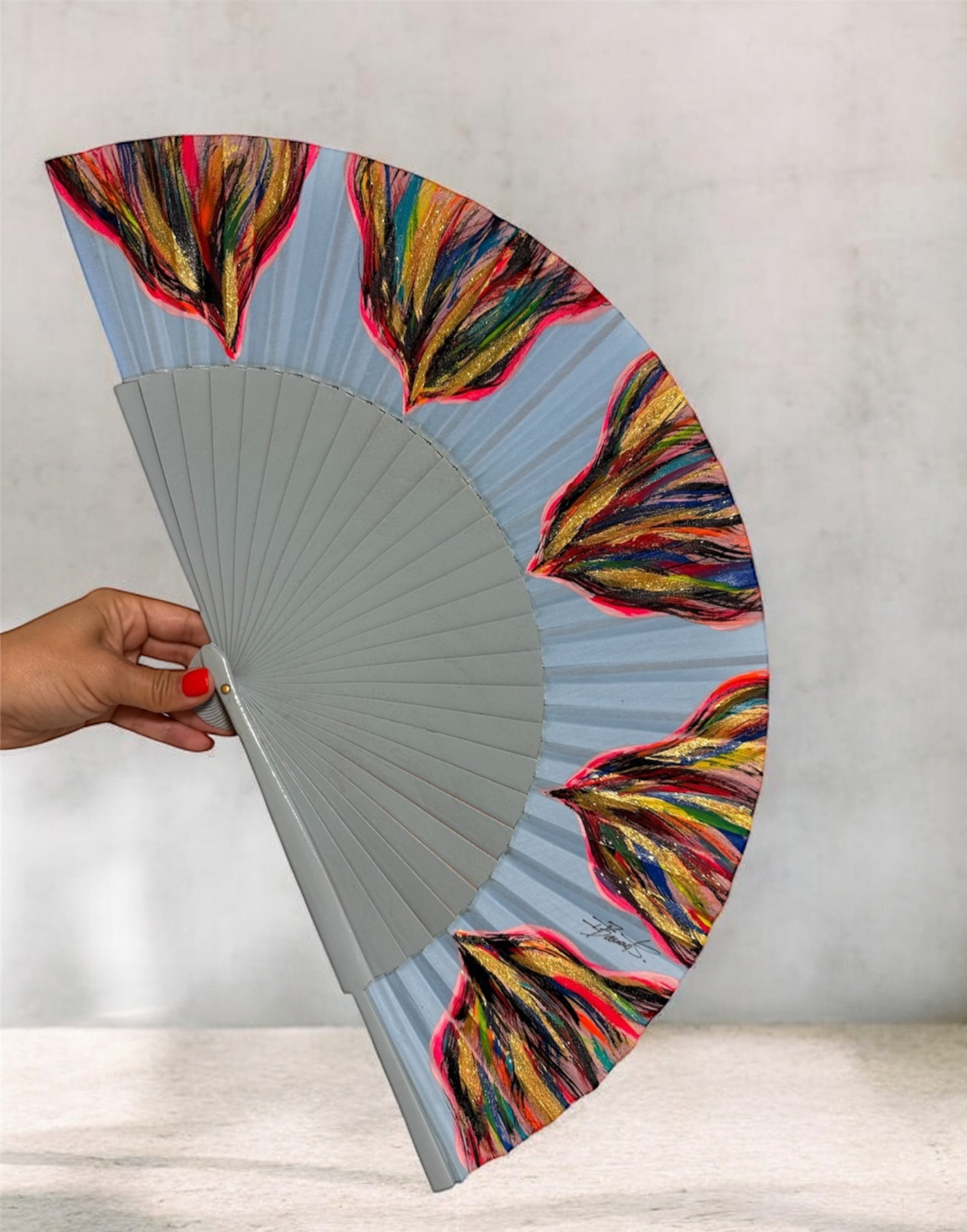 Blue Multicolored KOLORETE Hand Painted Hand Fan