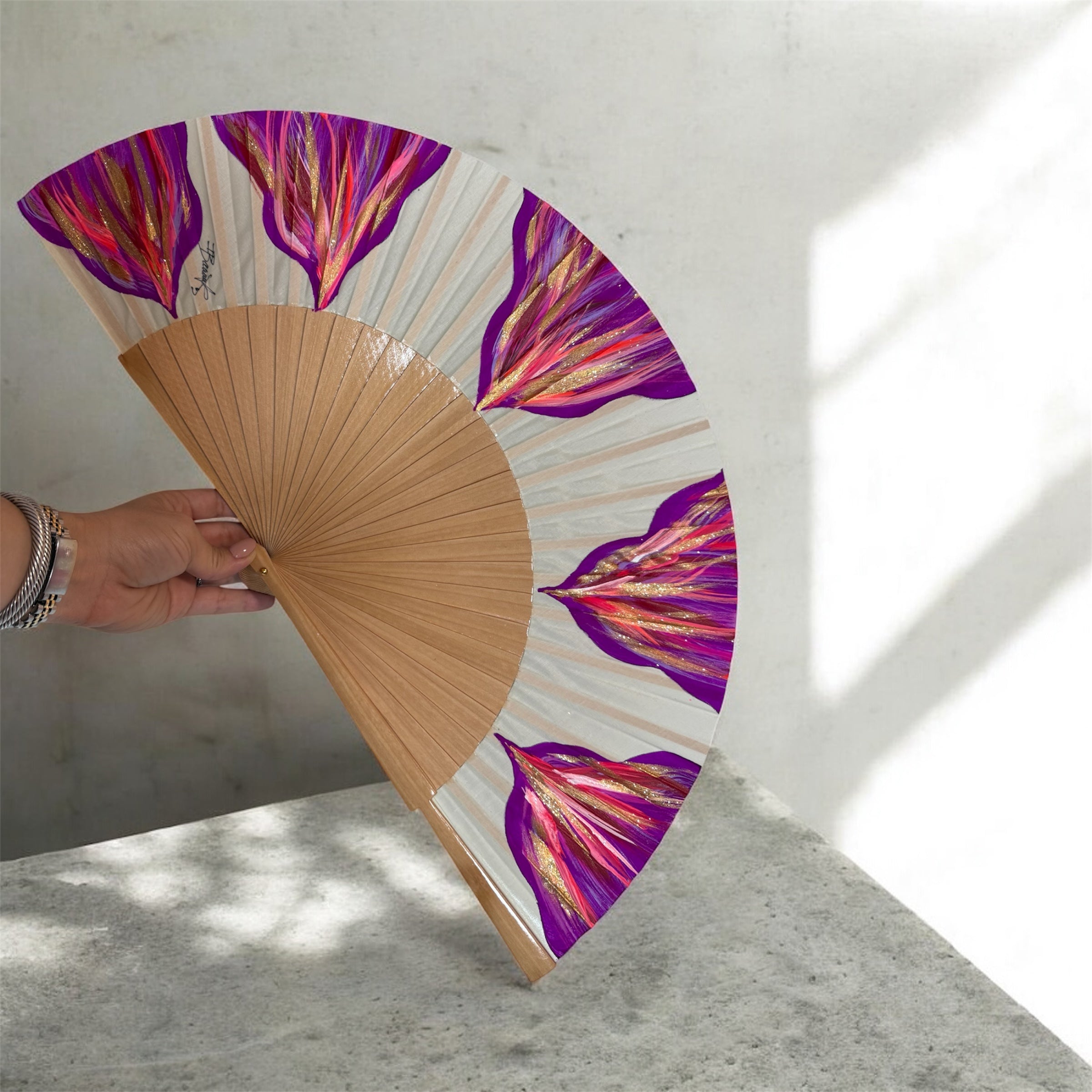 Purple Fushia Feston KOLORETE Hand Painted Hand Fan