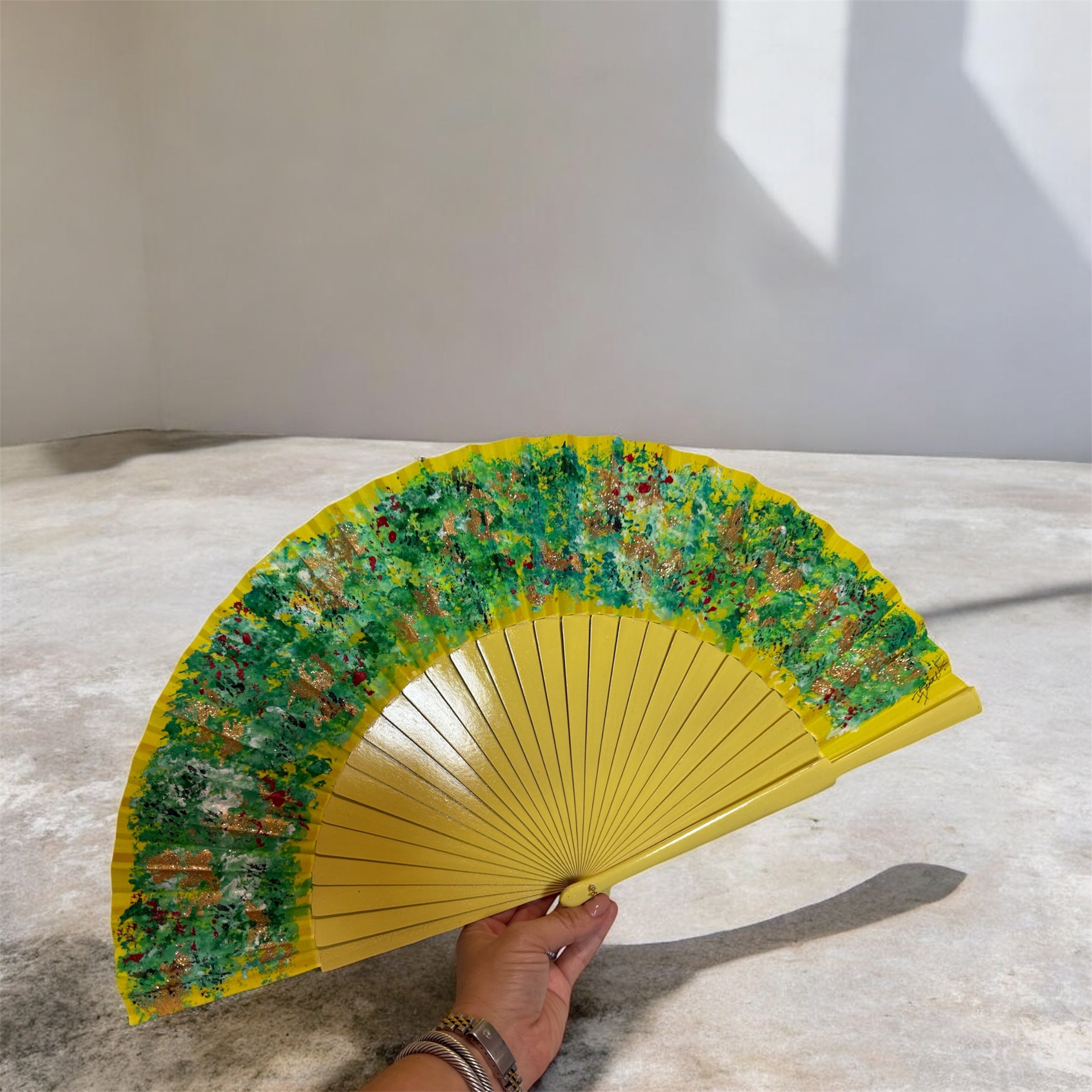 Yellow Multicolor Hand Painted Kolorete Hand Fan