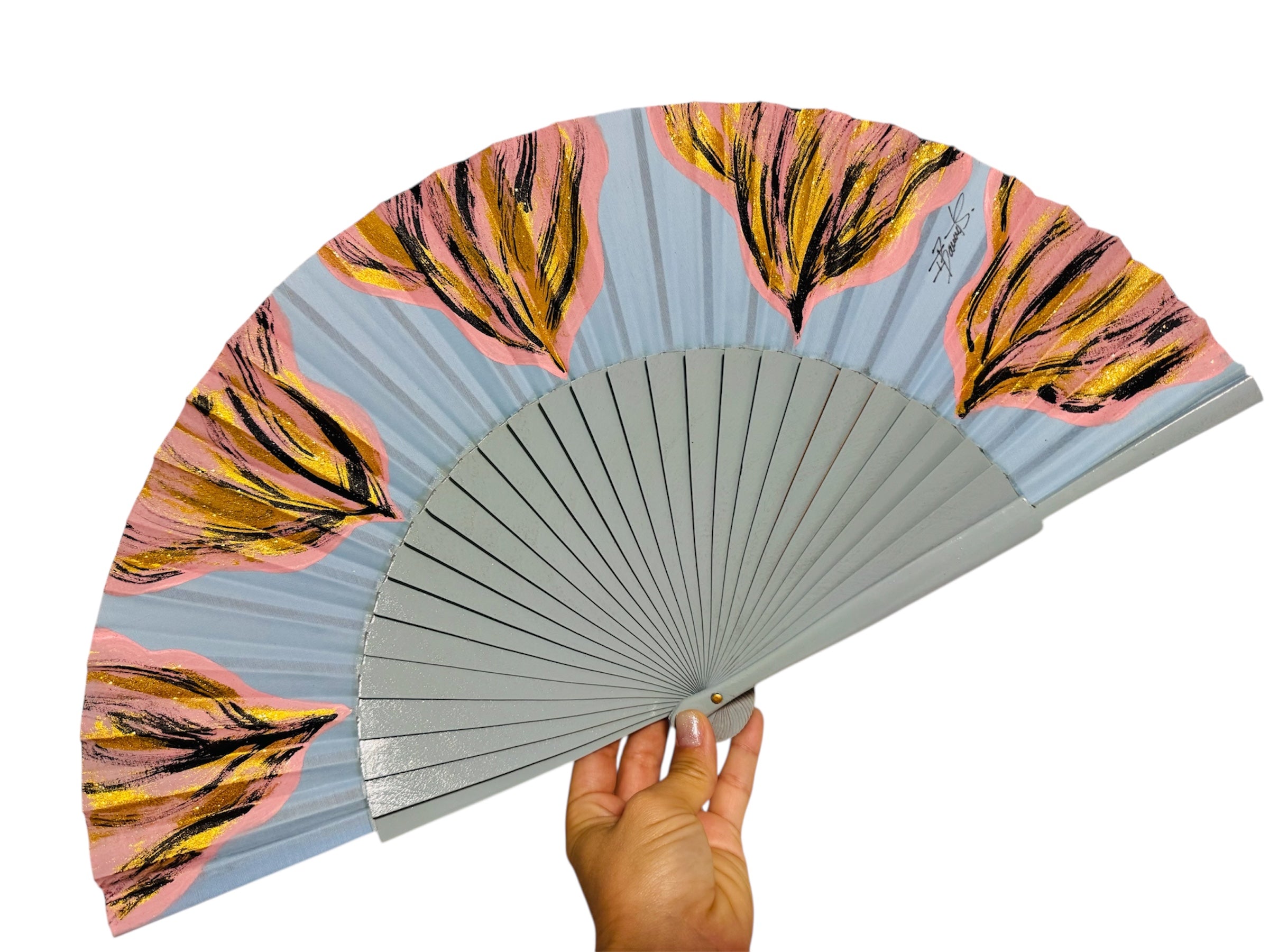 Blue and Pink KOLORETE Hand Painted Medium Hand Fan