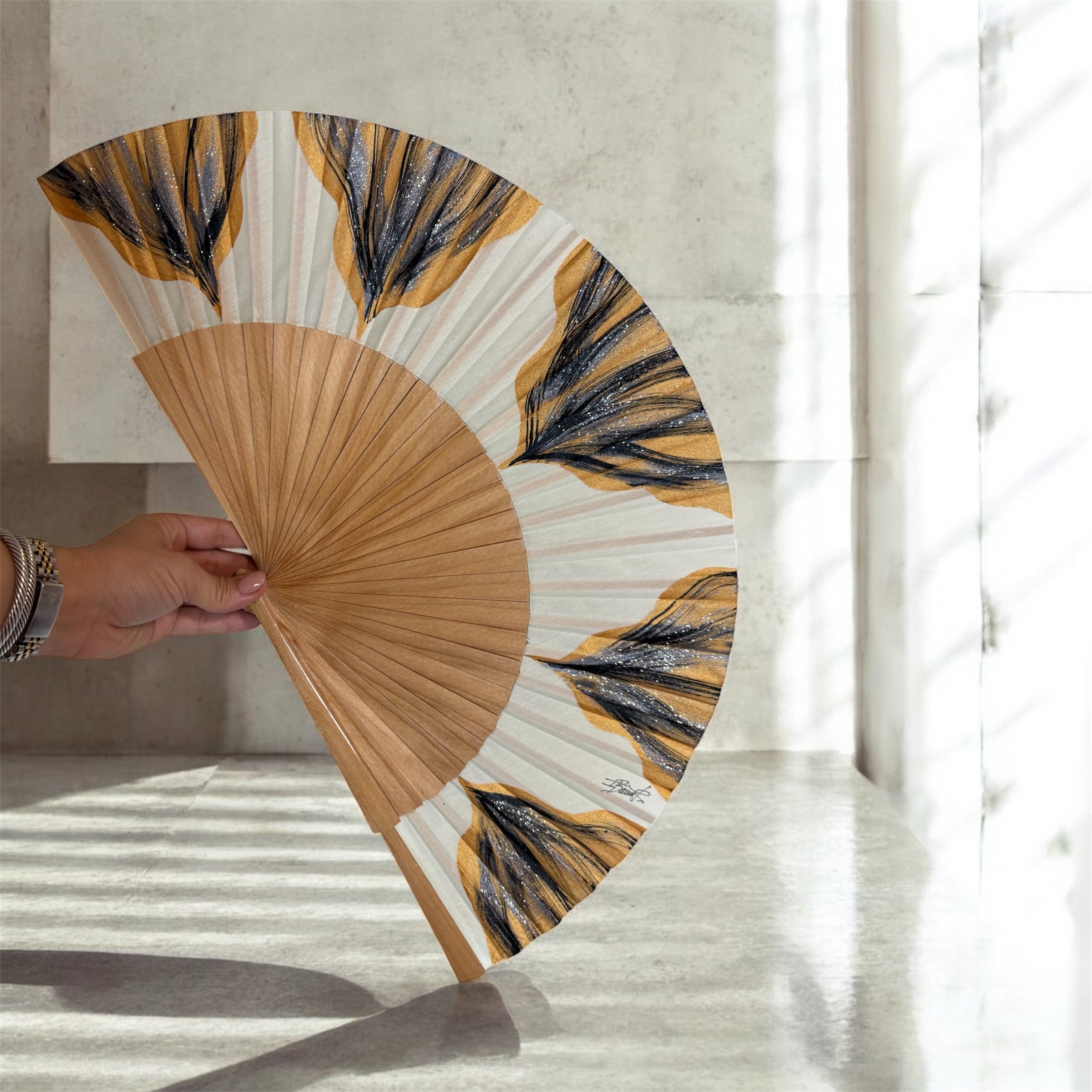 Gold Natural Feston Hand Painted Kolorete Hand Fan